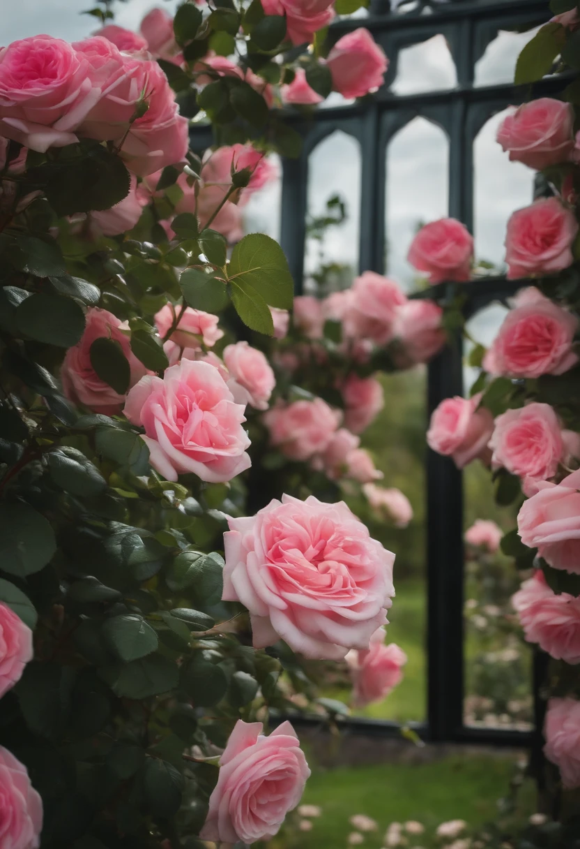 Outside the house there are clusters of pink roses,Beautiful and aesthetic,with soft pink colors,Beautiful beauty,Rose of Lights in the Movie,Lush flowers outdoors,Nature and floral aesthetics,rose garden,rosette,portal made of roses,Beautiful images, rosette, Fantastic aesthetics, Cottage in the Core Garden,