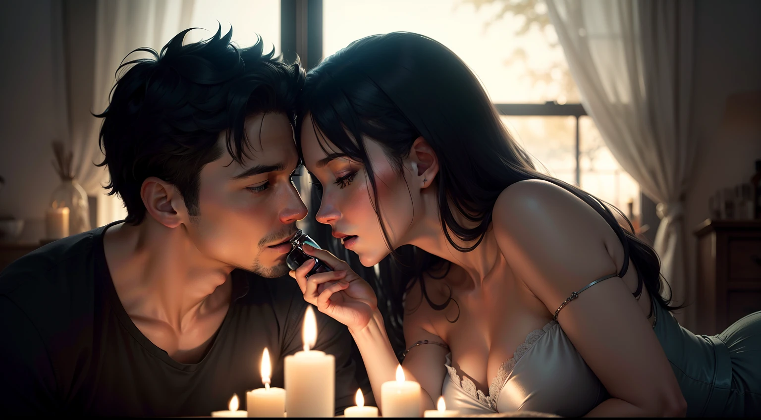 Display a romantic scene with a couple sharing an intimate moment by candlelight, with an Eros bottle subtly illuminated. Caption: "Ignite Passion with Eros."