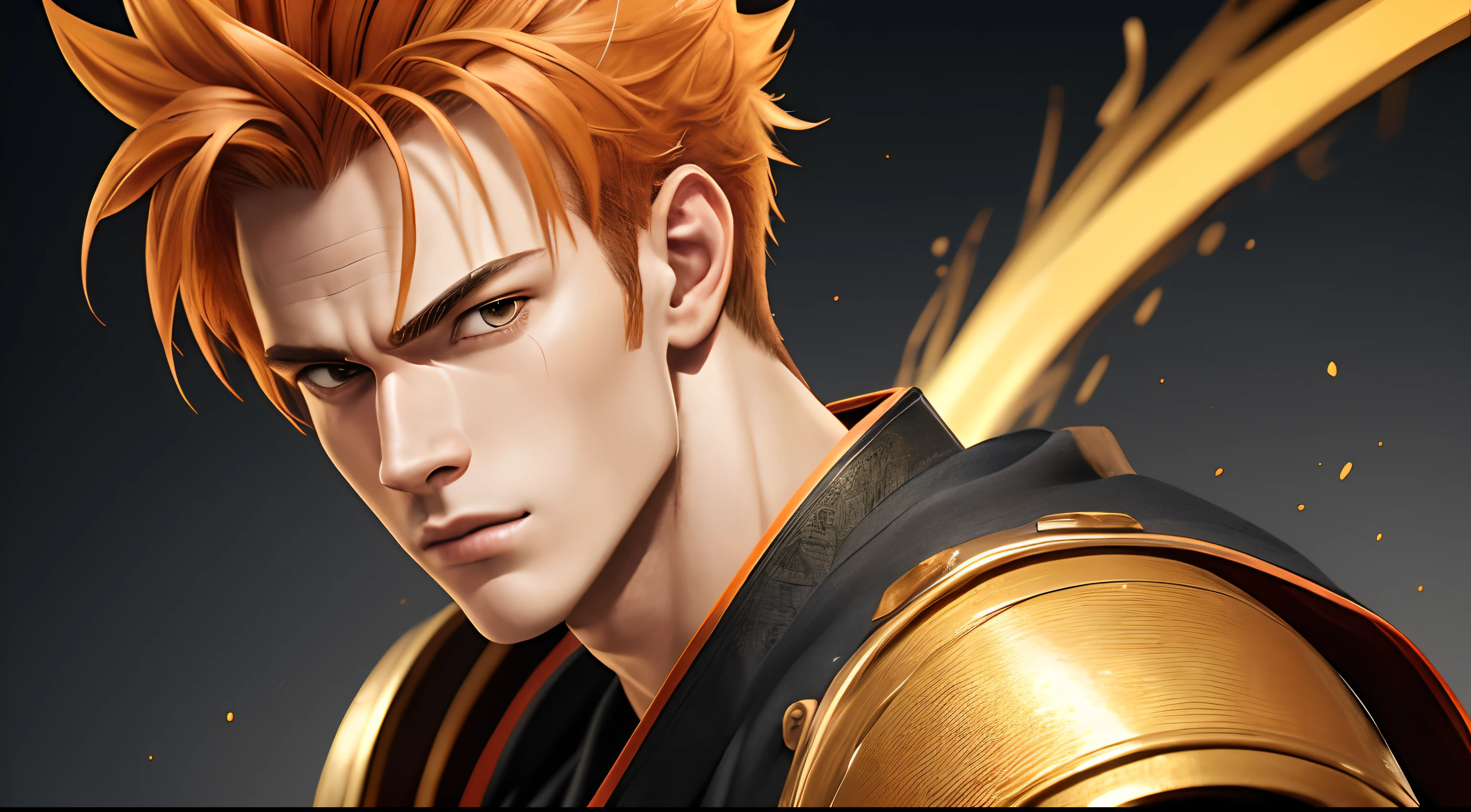 "Cheerful Garou 20 years old is a real masterpiece with masculine beauty, perfect anatomy. Olpntng style, colorful rainbow, golden samurai outfit, clean design, epic Instagram, artstation, full streaks of paint, circles, contours. When you look at him Beautiful eyes you will clearly see every small detail and perfect line, every detail on the skin is beautiful in 8K quality everyone. We will be captivated by the confidence radiating from every look. His head has orange hair and his face is meticulously drawn in every detail with 8K image quality."