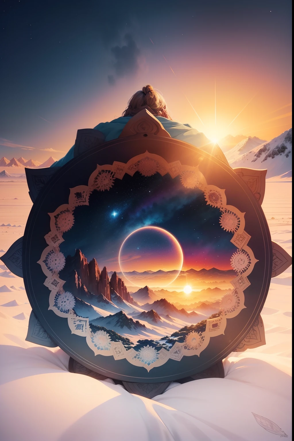 create an illustration of A mandala, rodeada por uma paisagem de picos nevados, o sol nascendo no horizonte, Creating golden tones in the sky, an atmosphere of peace and spiritual enlightenment, illustration, watercolor technique, --AR 16:9 --V 5
