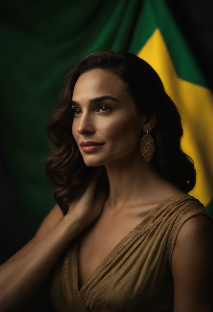 al Gadot com as cores da bandeira do brasil perto da bandeira do Brasil.