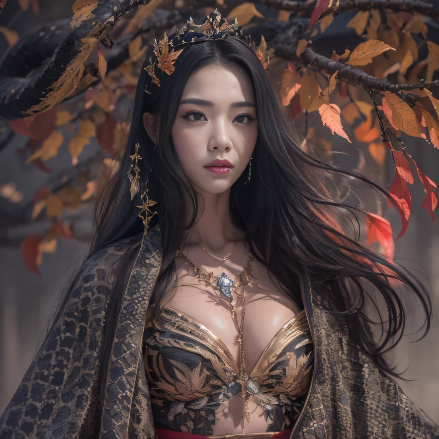 32K(tmasterpiece,k hd,hyper HD,32K)Long flowing black hair,Yellowstone,Tongzhou girl ,Flame protector(realisticlying:1.4),Python pattern robe,Purple-pink tiara,The leaves flutter,The canyon background is pure,Hold your head high,Be proud,The nostrils look at people, A high resolution, the detail,autumnal, RAW photogr, Sharp Re, Nikon D850 Film Stock Photo by Jefferies Lee 4 Kodak Portra 400 Camera F1.6 shots, Rich colors, ultra-realistic vivid textures, Dramatic lighting, Unreal Engine Art Station Trend, cinestir 800,Hold your head high,Be proud,The nostrils look at people