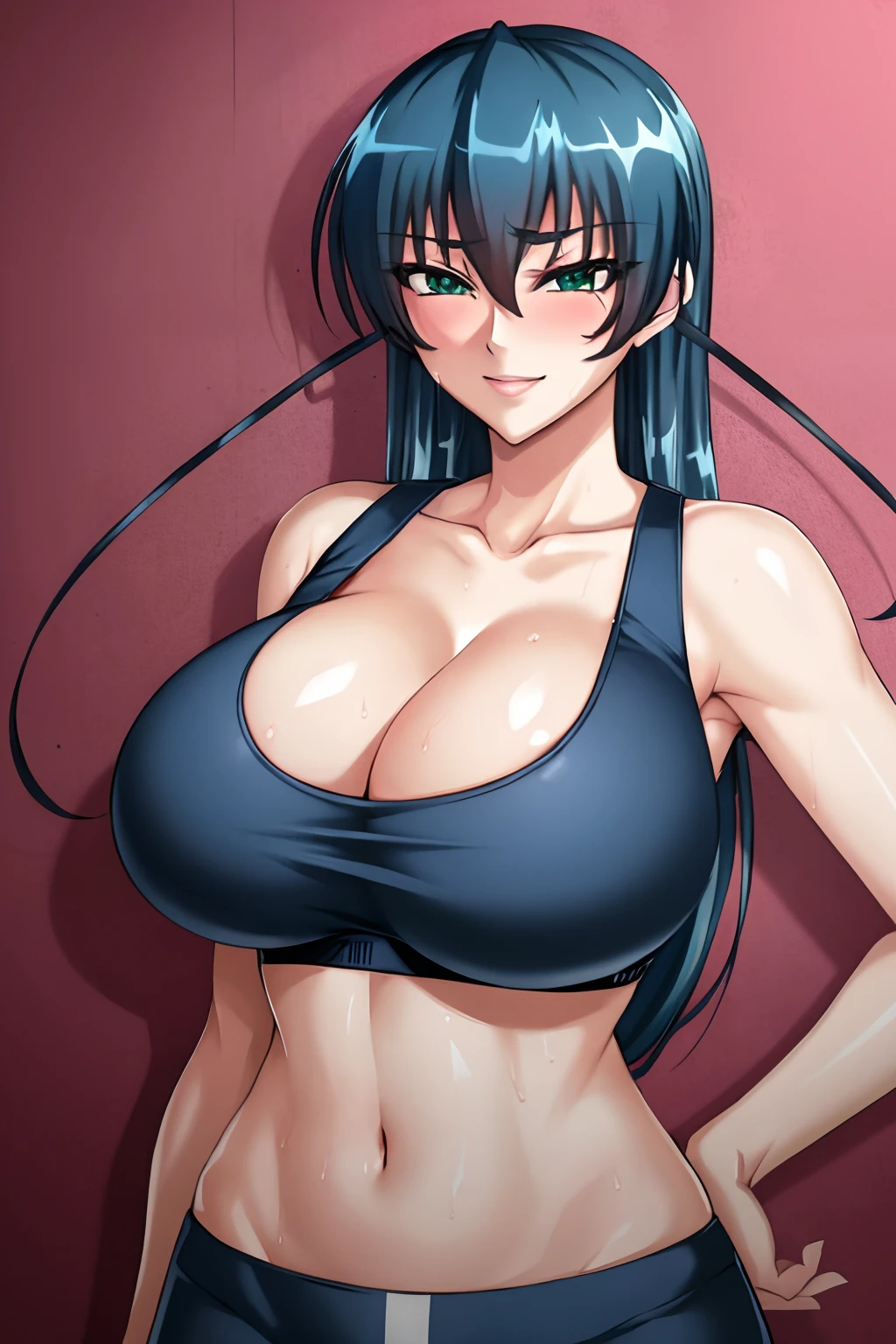masterpiece, best quality, asagi, 1girl, breasts, solo, sweat, sports bra, large breasts, cleavage, navel, midriff, smile, looking at viewer, hand on hip, blush, huge breasts, blue hair, long hair, bangs, hair between eyes, green eyes, happy,