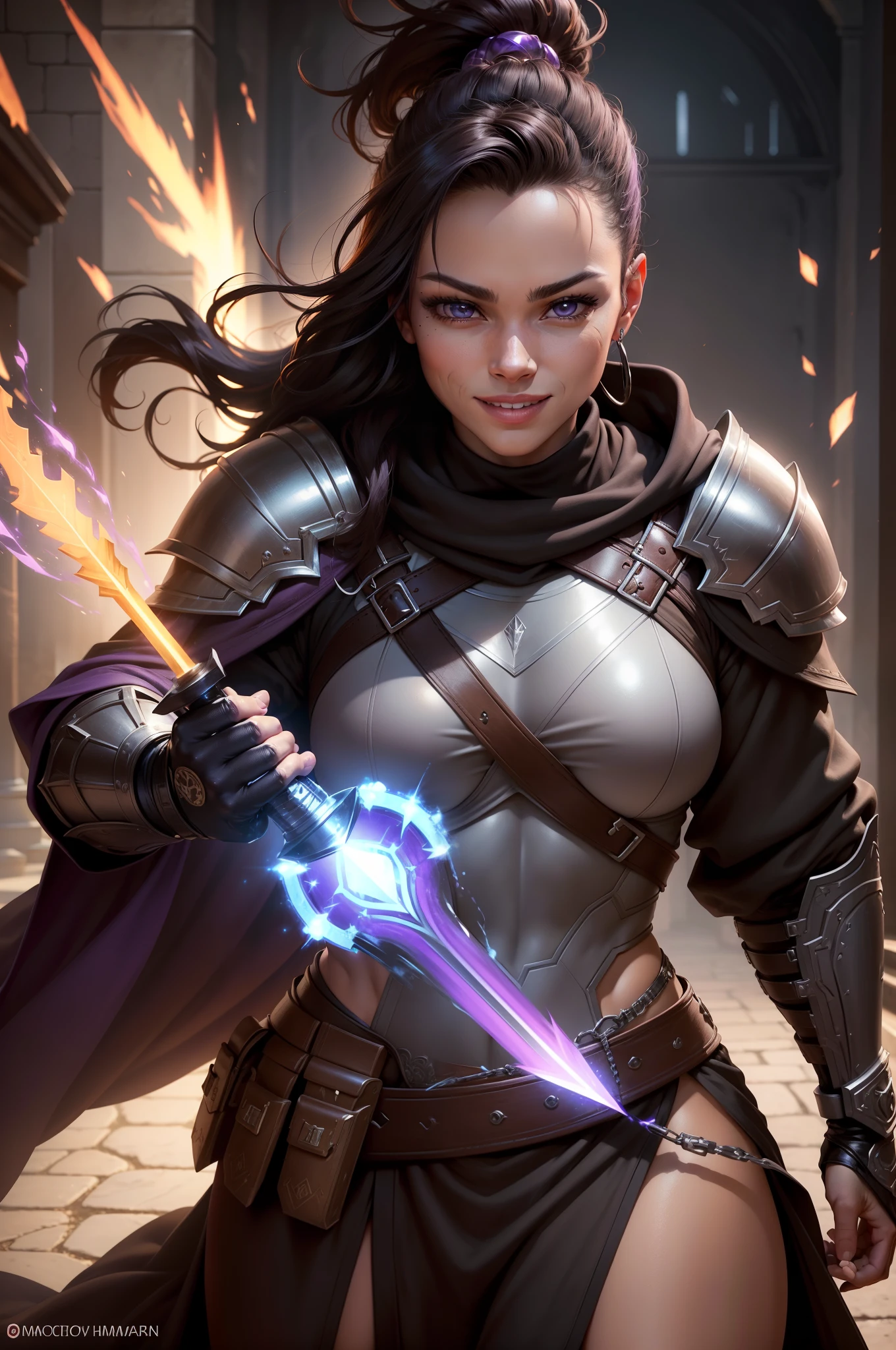 Photorealistic, High resolution, Soft light,1womanl, Solo, Woman with good muscle and macho physique, (Detailed face),Brown mohawk, Bold smile　black robes, Black and brown armor, shining purple eyes　enticing　超A high resolution　super precision　Confident smile　real looking skin　Holding a big sword　The effect of emitting strong light from the body　full armor