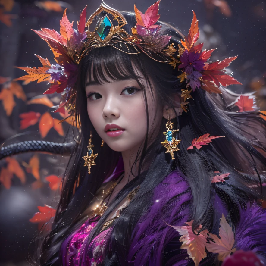 32K（tmasterpiece，k hd，hyper HD，32K）Long flowing black hair，Yellowstone，Tongzhou girl ，Flame protector（realisticlying：1.4），Python pattern robe，Purple-pink tiara，The leaves flutter，The canyon background is pure，Hold your head high，Be proud，The nostrils look at people， A high resolution， the detail，autumnal， RAW photogr， Sharp Re， Nikon D850 Film Stock Photo by Jefferies Lee 4 Kodak Portra 400 Camera F1.6 shots, Rich colors, ultra-realistic vivid textures, Dramatic lighting, Unreal Engine Art Station Trend, cinestir 800，Hold your head high，Be proud，The nostrils look at people