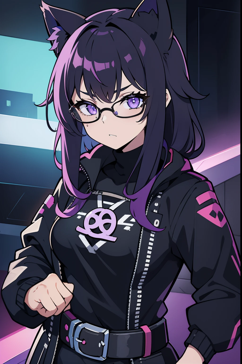 Cyberpunk menina roxo gamer, with glasseswith cat ears, olhos roxos brilhando, Cabelo tamanho medio preto Chanel com pontas roxa