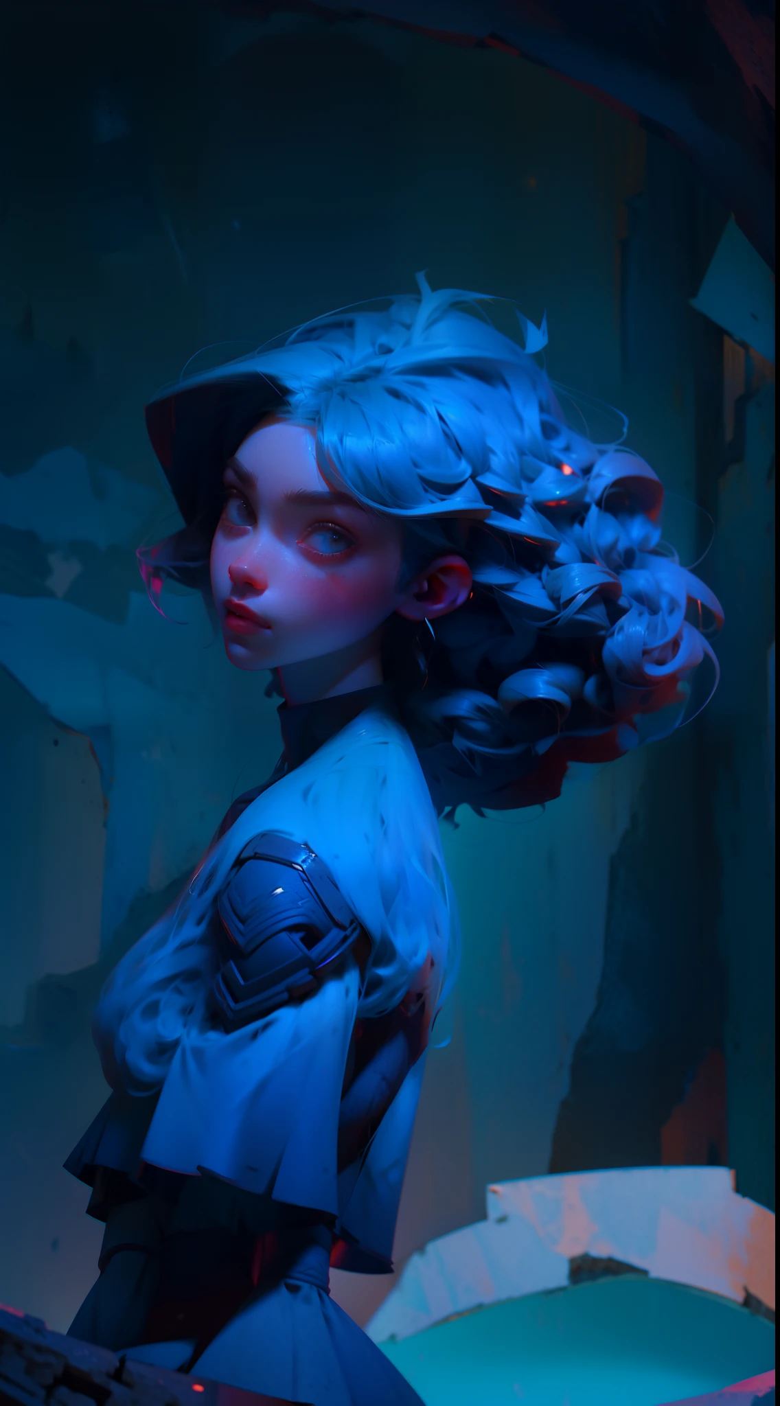 Garota de cabelo curto e de cor azul, ela seguara uma arma, usa uma causa de couro preta e uma blusa marrom, anda por umsp cidade destruida/abandonada. Garota de cabelo curto e de cor azul