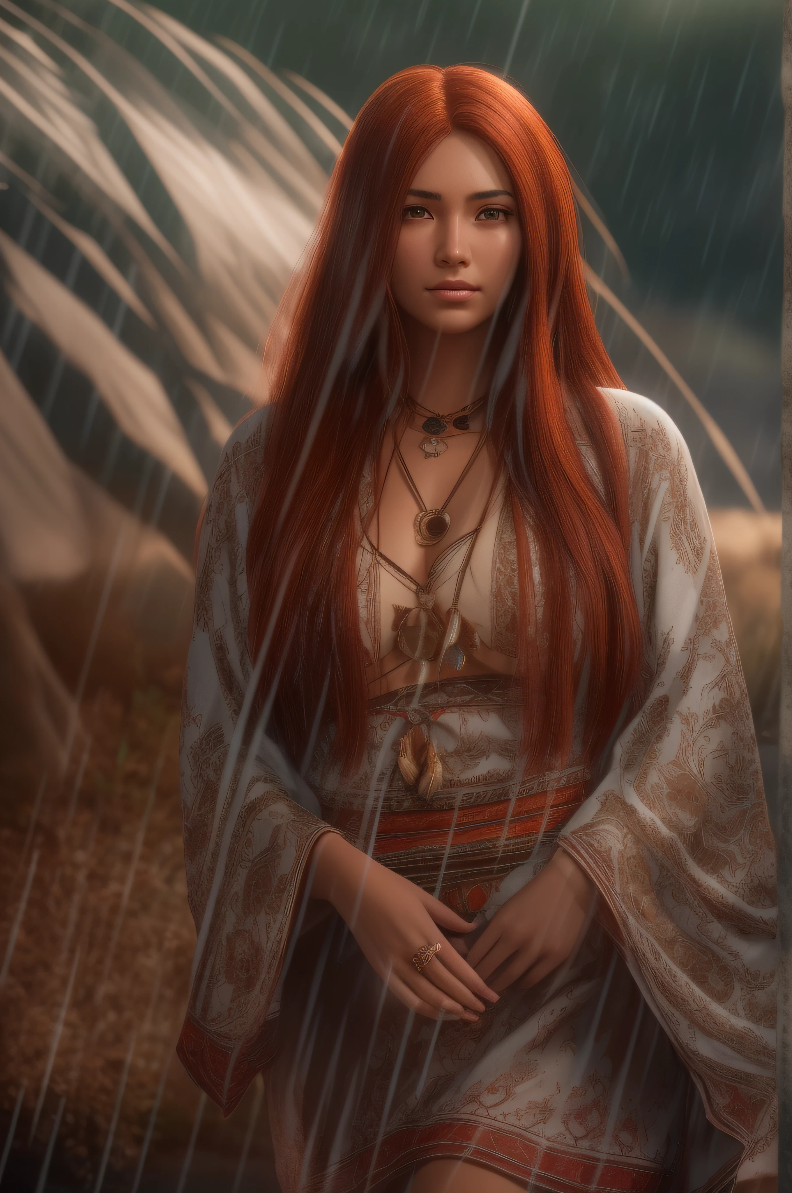 A 19-year-old native beautiful Apache woman with tanned skin and a 20-year-old Apache woman with tanned skin. Both are dressed in traditional sexy Apache attire., her long red hair blowing in the wind as they kiss passional. professional photography, natural lighting, volumetric lighting maximalist photo illustration 8k resolution concept art intricately detailed, complex, elegant, expansive, fantastical, realistic beauty, long red hair, unique eyes, natural beauty, forest, feminine, rain, river bank, sultry beauty, professional portrait, abstract beauty. super detailed photography, Play of light in the sun rain, downpour, ((a drop of water falling from a height onto the surface of the water)), splashes, luminism, intricate, 4k concept art volumetric light, unrealistic engine, global illumination, detailed environment.