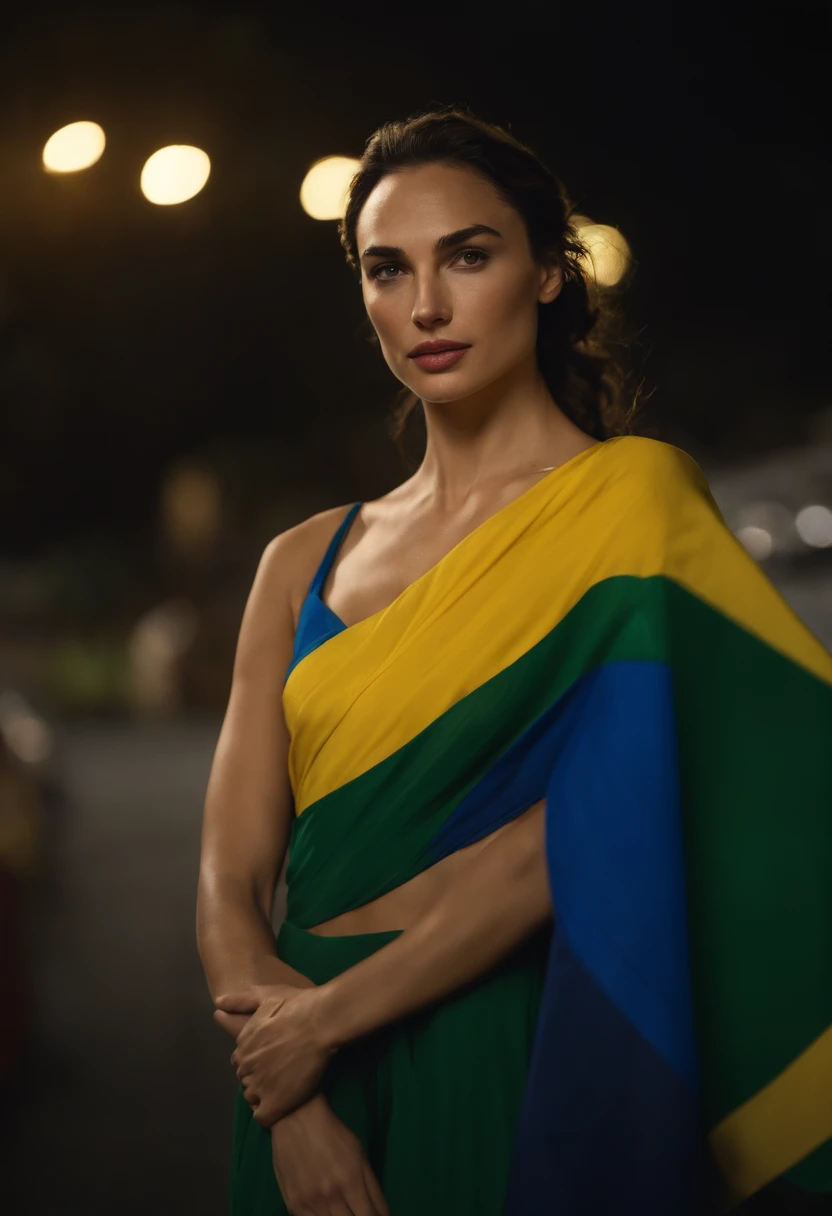 Gal Gadot vestida de mulher maravilha com as cores verde, azul e amarelo perto da bandeira do Brasil. No fundo a cidade do rio de janeiro.