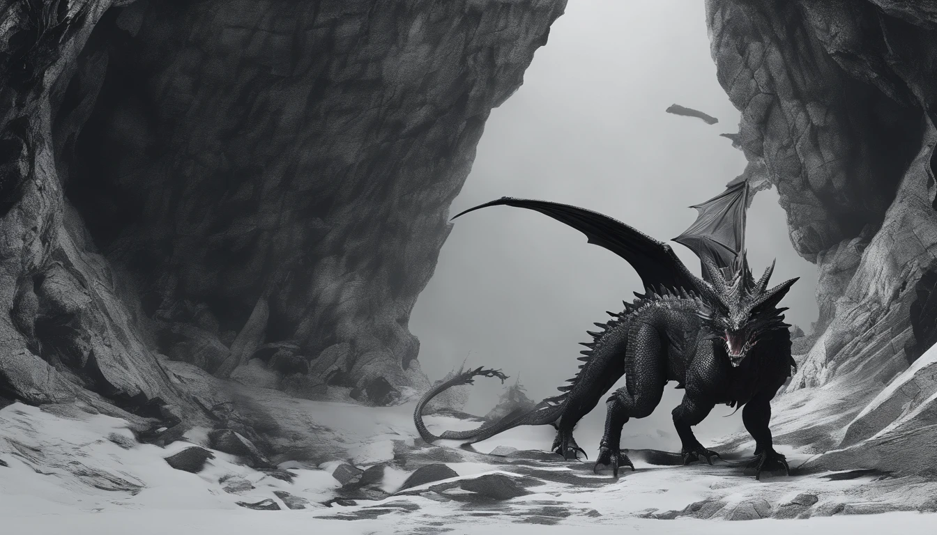 Dark Dragon of geographic data in the style of detailed hyper-realism photoshoot, dragon inside a cave, caverna grande feita de pedra