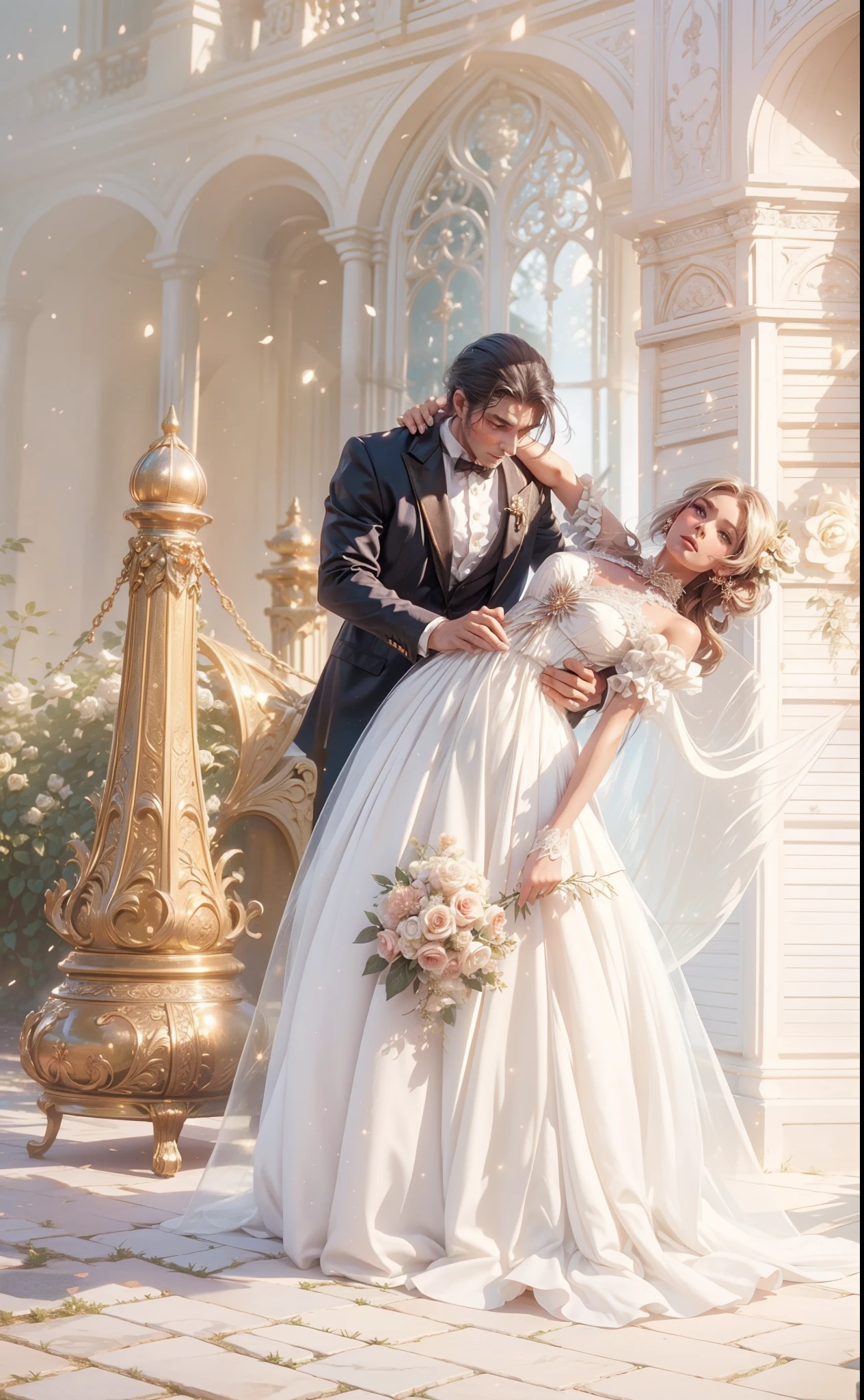 The most beautiful rose bush, that you can only imagine, and an incredibly elegant young woman, Gorgeous hairstyle, Spectacularly made up and in a dazzling fairy-tale dress. In the garden of dreams on a magical night. (tmasterpiece) (beste-Qualit)