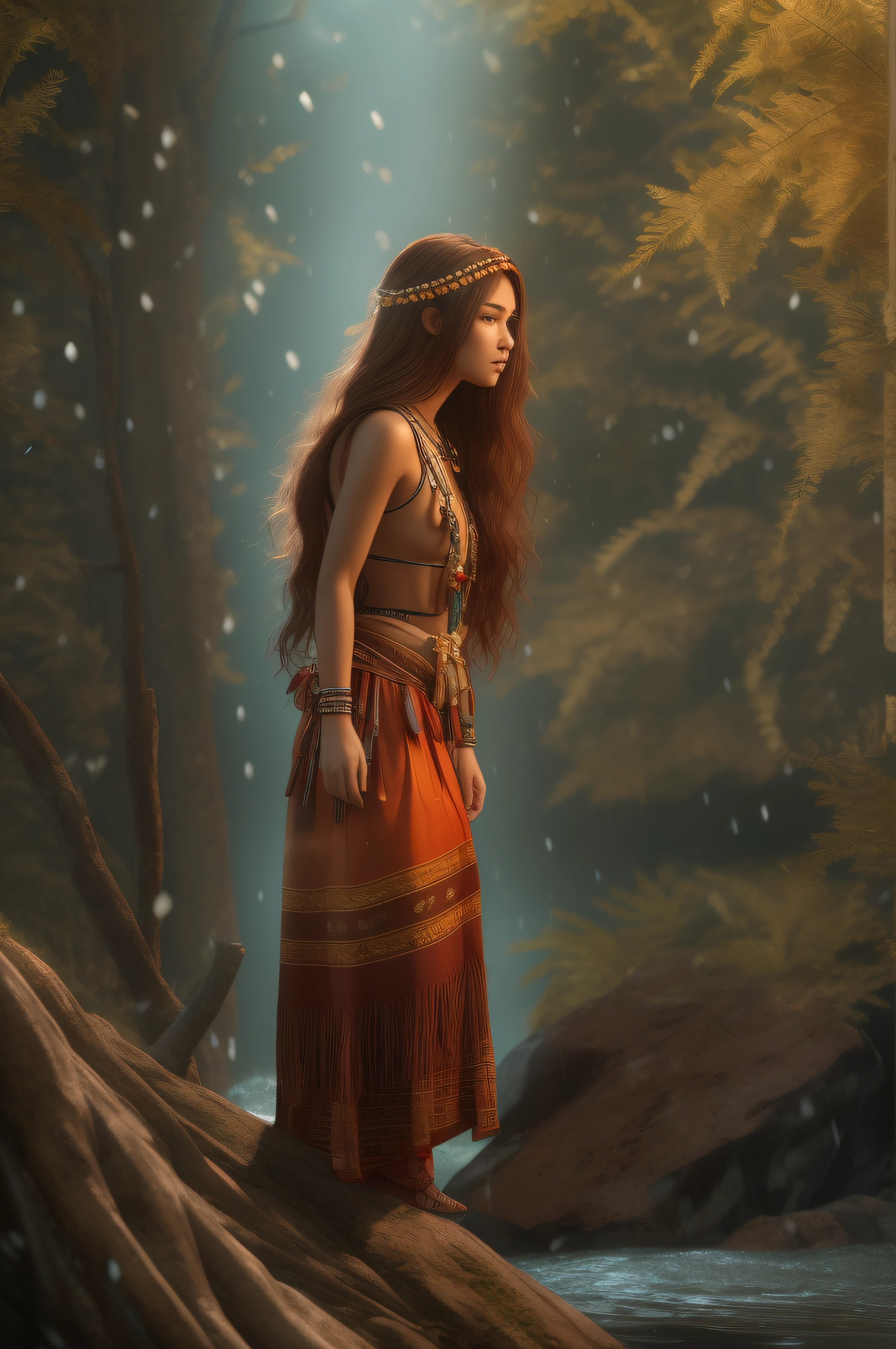 A 19-year-old native beautiful Apache woman with tanned skin and a 20-year-old Apache woman with tanned skin. Both are dressed in traditional sexy Apache attire., her long red hair blowing in the wind as they kiss passional. professional photography, natural lighting, volumetric lighting maximalist photo illustration 8k resolution concept art intricately detailed, complex, elegant, expansive, fantastical, realistic beauty, long red hair, unique eyes, natural beauty, forest, feminine, rain, river bank, sultry beauty, professional portrait, abstract beauty. super detailed photography, Play of light in the sun rain, downpour, ((a drop of water falling from a height onto the surface of the water)), splashes, luminism, intricate, 4k concept art volumetric light, unrealistic engine, global illumination, detailed environment.