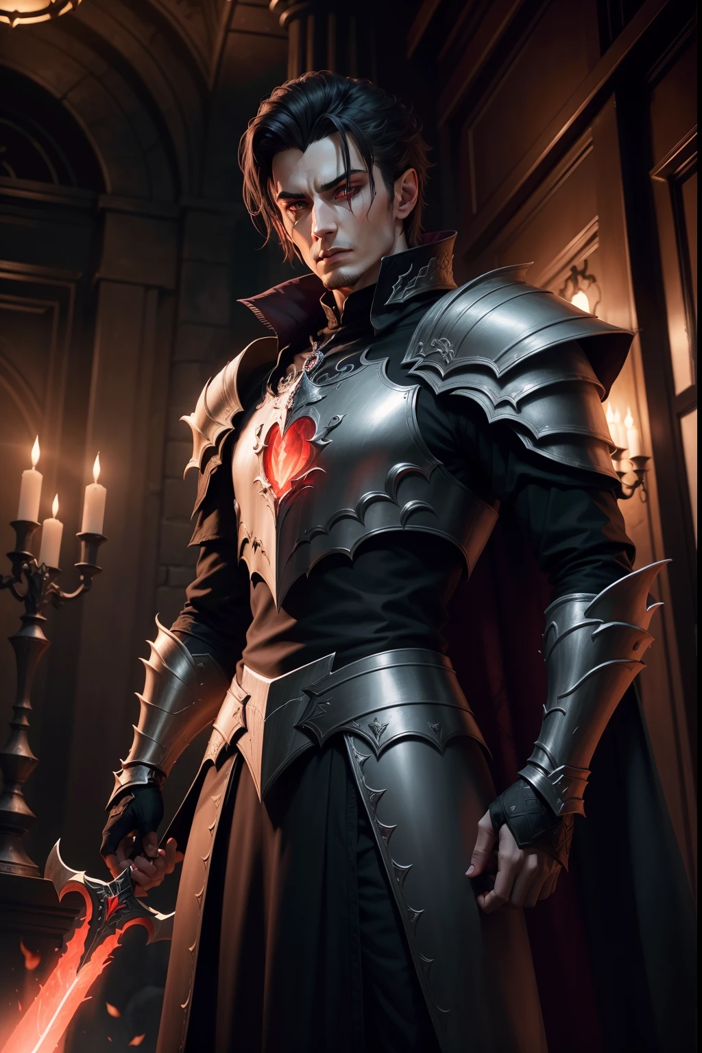 arafed image of a demonic Twenty year old male dracula short hair with a sword in a dark room, the dark lord sauron, lord of cinder, the dark lord, sauron, dark lord, evil knight, portrait of sauron, unreal engine fantasy art, epic fantasy digital art style, the allfather, 8k fantasy art, daedric armor