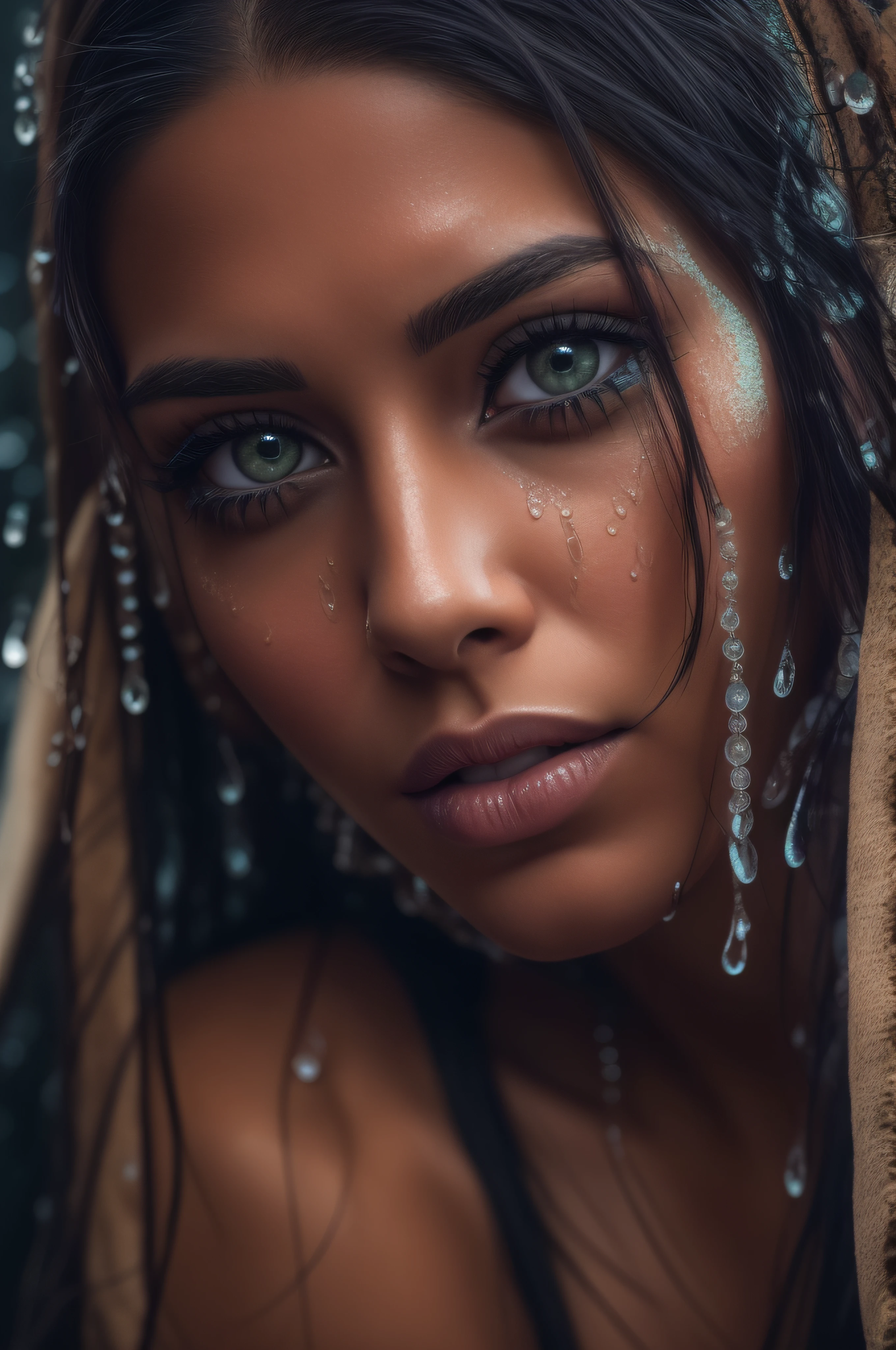 Photograph of native american woman staring at camera, Pay close attention to the detail in her eyes, young woman, attractive woman, beautiful woman, black hair, a big headdress. HD photography, ultra-realistic, 4k, hyper-realistic, sharp texture, color. Her face with glistening water droplets is illuminated by the sun. A perfect face model, Arabella mist-splitter, perfect face), beautiful lips stylish, beautiful female face, attractive female face!!!, beautiful feminine face, beautiful makeup, perfect face! all wet on a rainy night, scared look, eerie, creepy, dark ambient, cinematic lights, ultra sharp focus, bird's eye view, high view, looking at the camera, raindrops.