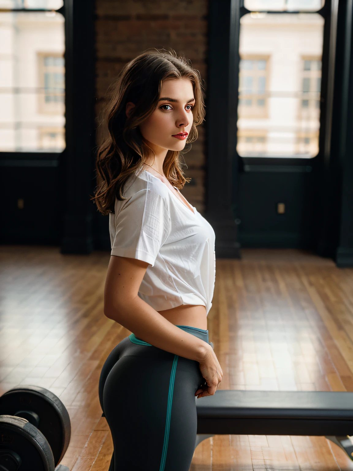 amateur, standing turned away showing butt, [portrait], bright lighting, eye focus, (sharp focus: 1.2), photo (full body) (American flat), attractive 25-year-old, (beautiful face: 1.1), detailed light brown eyes, delicious lips, (eye makeup: 0.85), (medium breasts: 1.0), (firm body: 1.2), (medium hair: 1.2), yoga pants and v-neck shirt, high frequency details, (film grain), dramatic, ornate, warm colors, (backlighting:0.5), photographed on a Canon EOS R5, 85mm f/1.2 cine lens, sharp focus, (highly detailed, intricately detailed), (Cinestill 800T:0.9), gym