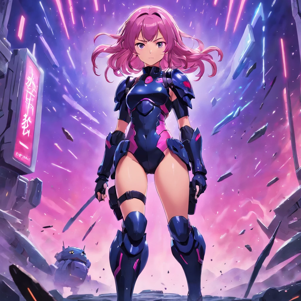 young woman 25 years old with purple and pink multi-colored mid back length wavy hair wearing a tight sexy futuristic tactical armor with black and pink coloring with knee high black boots Standing in a battle ready striking and powerful stance.