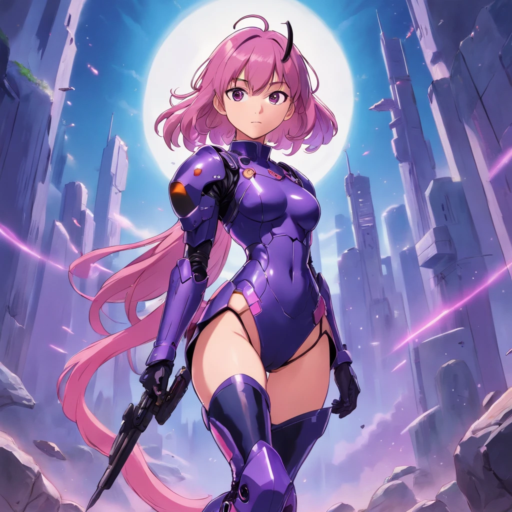 young woman 25 years old with purple and pink multi-colored mid back length wavy hair wearing a tight sexy futuristic tactical armor with black and pink coloring with knee high black boots Standing in a battle ready striking and powerful stance.