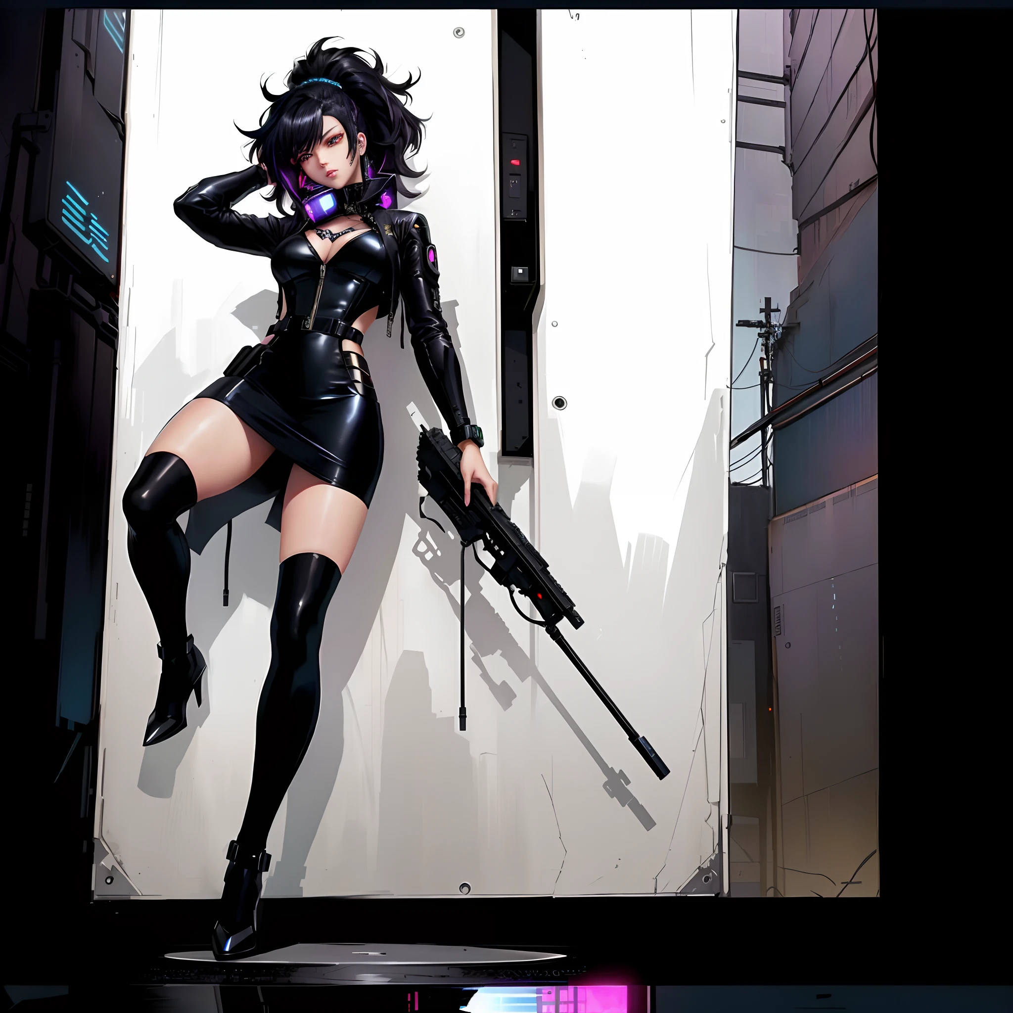 beautiful countenance、beautidful eyes、masterwork、Anime - a woman in style dressed in black leather clothes with a gun, female cyberpunk anime girl, Cyberpunk Anime Girl, anime cyberpunk art, modern cyberpunk anime, cyberpunk anime art, cyberpunk femme fatale, inspired by Masamune Shirow, Digital Cyberpunk Anime Art, Cyberpunk Girl, jet black haired cyberpunk girl, anime cyberpunk, Cyberpunk anime girl mecha