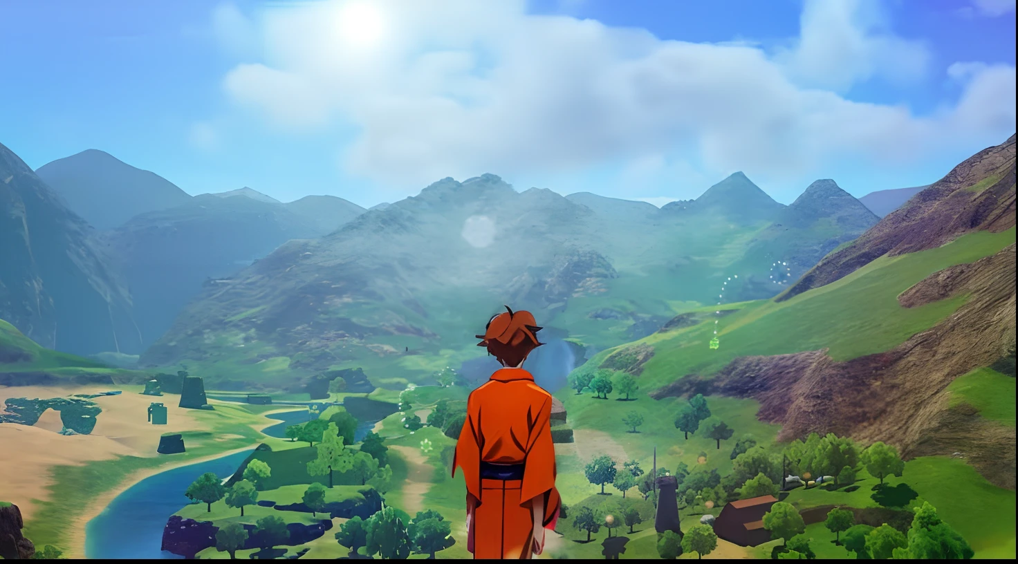 A male boy backwards wearing orange kimono, brown hair, flying, anime character