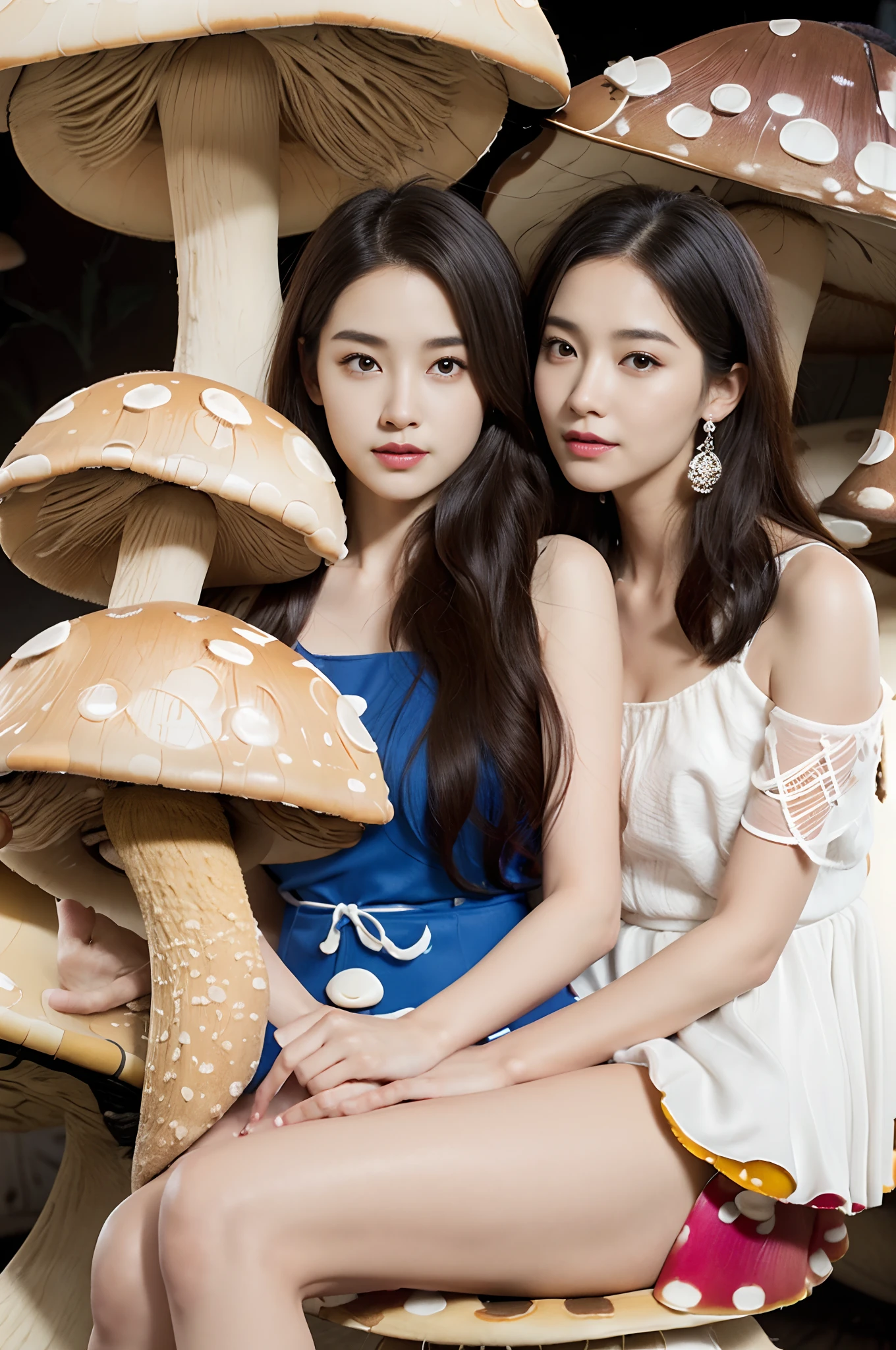 Smiling,Face focus,(alebrijes art style), （a couple of lesbians:1.4) sitting together on a (giant mushroom:1.4),fantastical world,fantasy,vivid color,lewd,leering:1.3,Masterpiece, Best quality, intricately details, absurderes,,(ulzzang-6500-v1.1,pureeroface_v1,octane rendering)