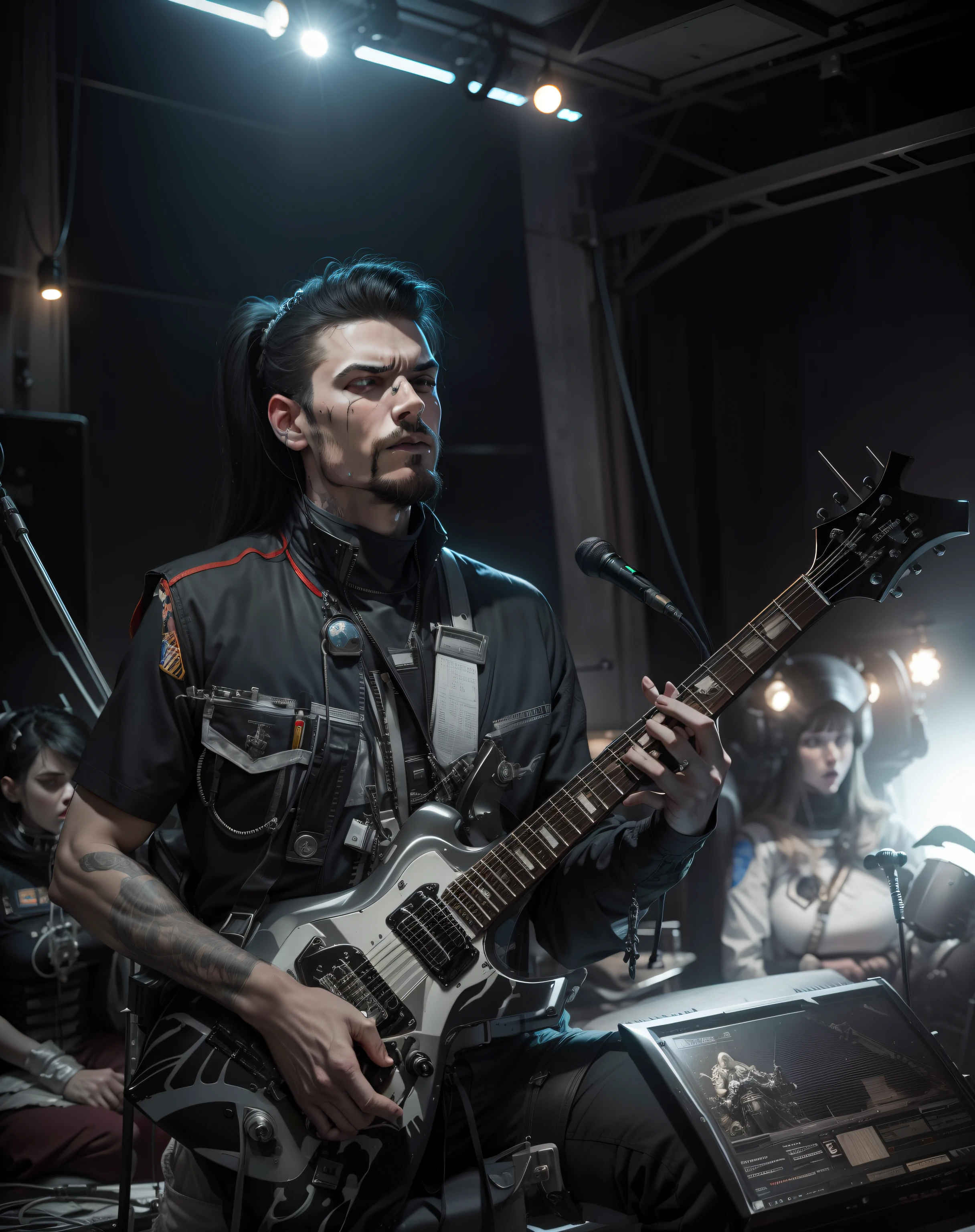 Death metal musician on astronauts. The picture must carry a name "FERAL THRONE"