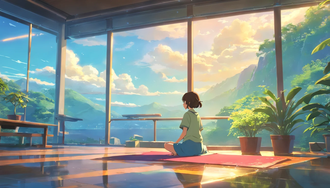 Uma menina de cabelos loiros meditando em cima de um predio