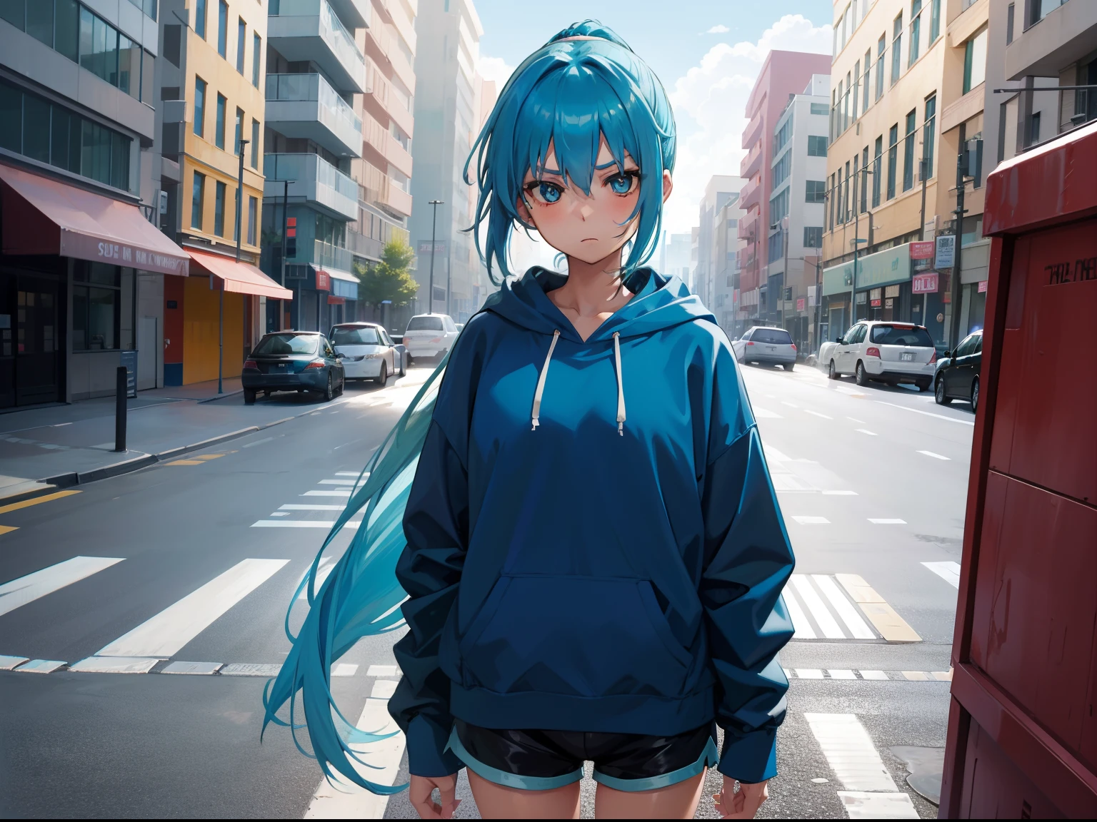 A serious girl,Aqua Blue Hair, Aqua blue eyes, Long Hair, Single Pony Tail, Wearing a Comfortable Hoodie and tracks and Shorts