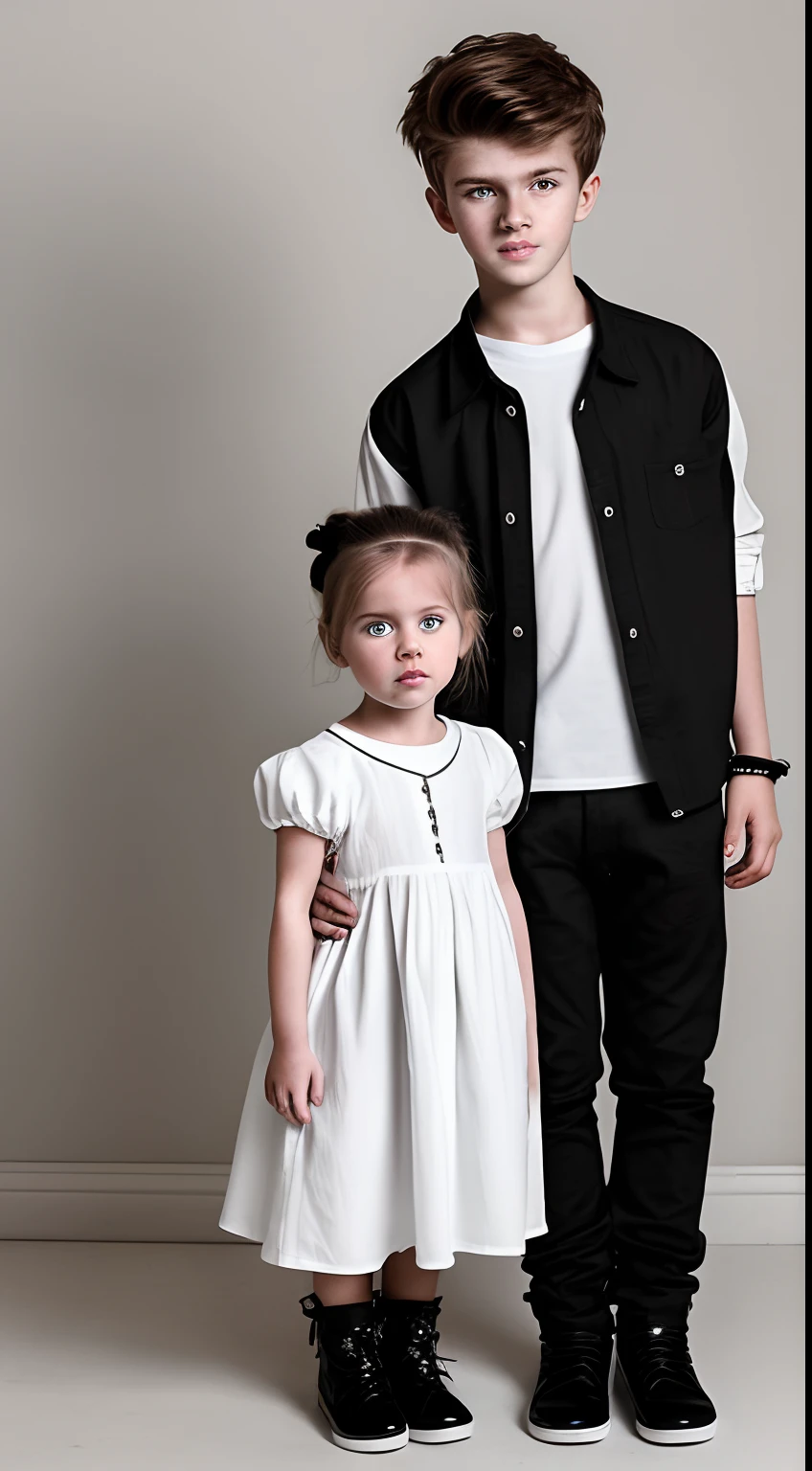 Very realistic photo of a toddler girl wearing stylish white clothes and she is posing for photo next to her 18-year-old brother The girl's brother is gorgeous and wears funky black clothes