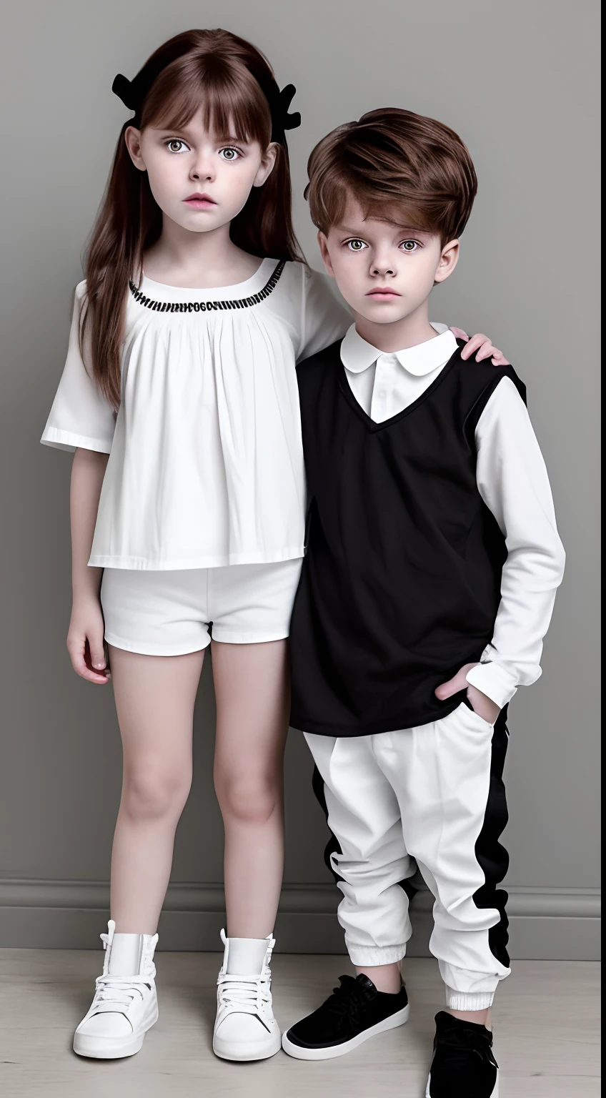 Very realistic photo of a toddler girl wearing stylish white clothes and she is posing for photo next to her 18-year-old brother The girl's brother is gorgeous and wears funky black clothes