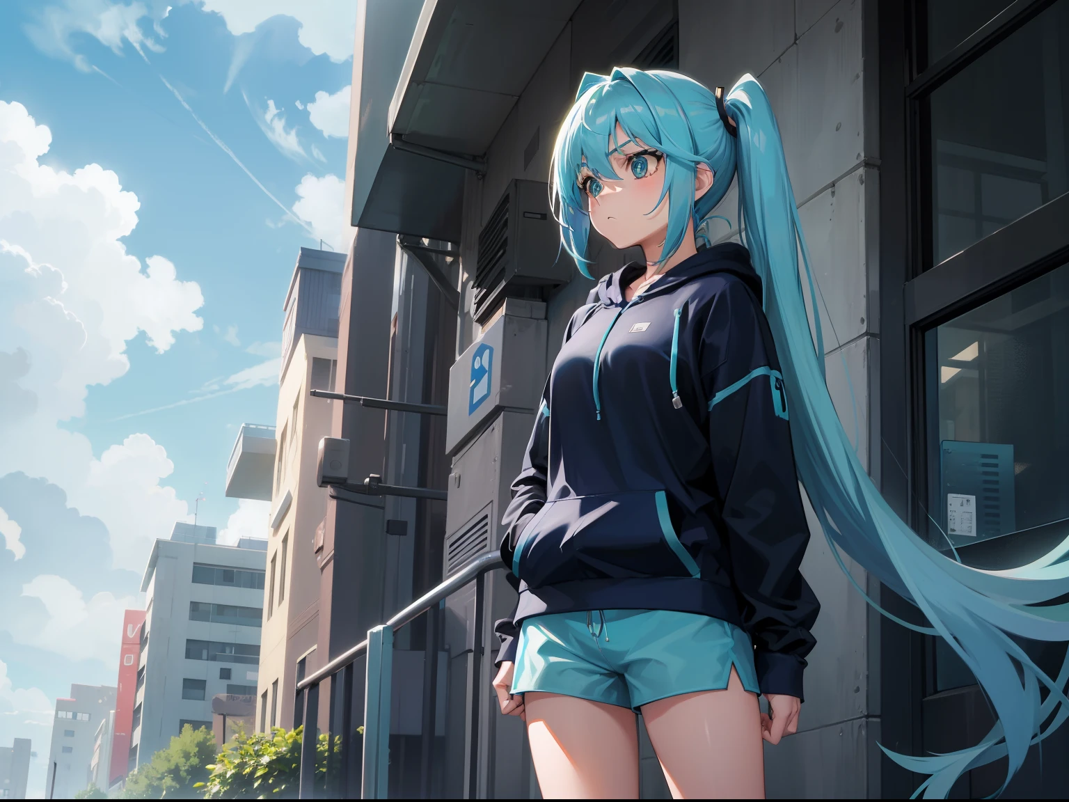 A serious girl,Aqua Blue Hair, Aqua blue eyes, Long Hair, Single Pony Tail, Wearing a Comfortable Hoodie and tracks and Shorts