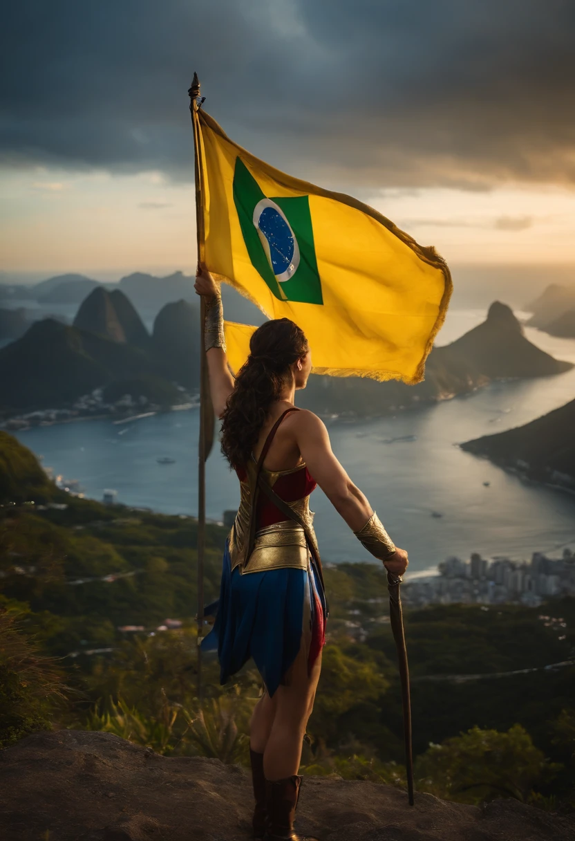 Gal Gadot vestida de mulher maravilha com bandeira do Brasil. No fundo a cidade do rio de janeiro.