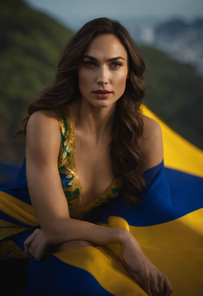 Gal Gadot vestida de mulher maravilha com bandeira do Brasil. No fundo a cidade do rio de janeiro.