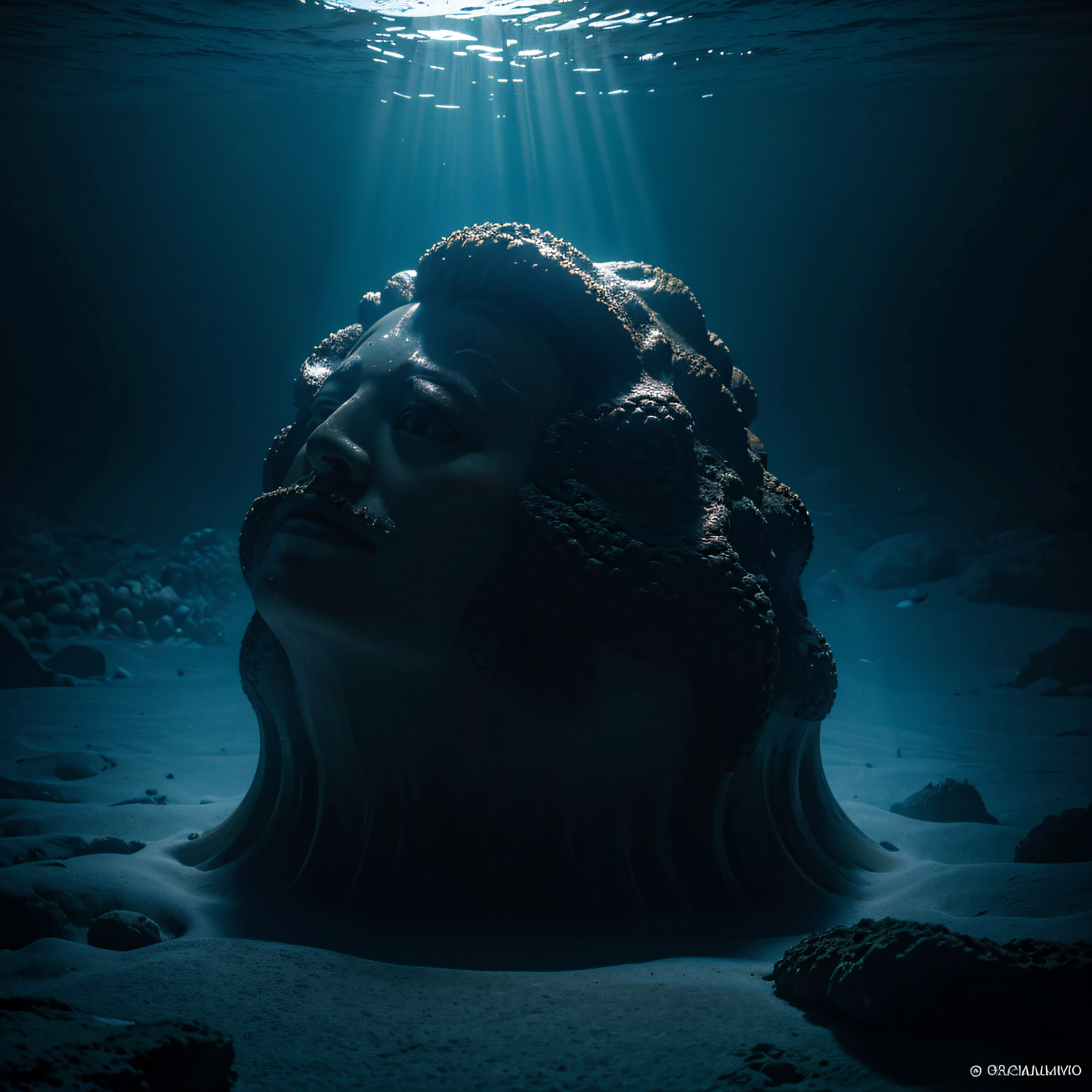 (extremadamente detallado, obra maestra, La mejor calidad, Under the Ocean), Estilo oscuro, volumetric illumination. textura de babosa, piel de caracol. ahogados flotando de fondo. Rococo composition.