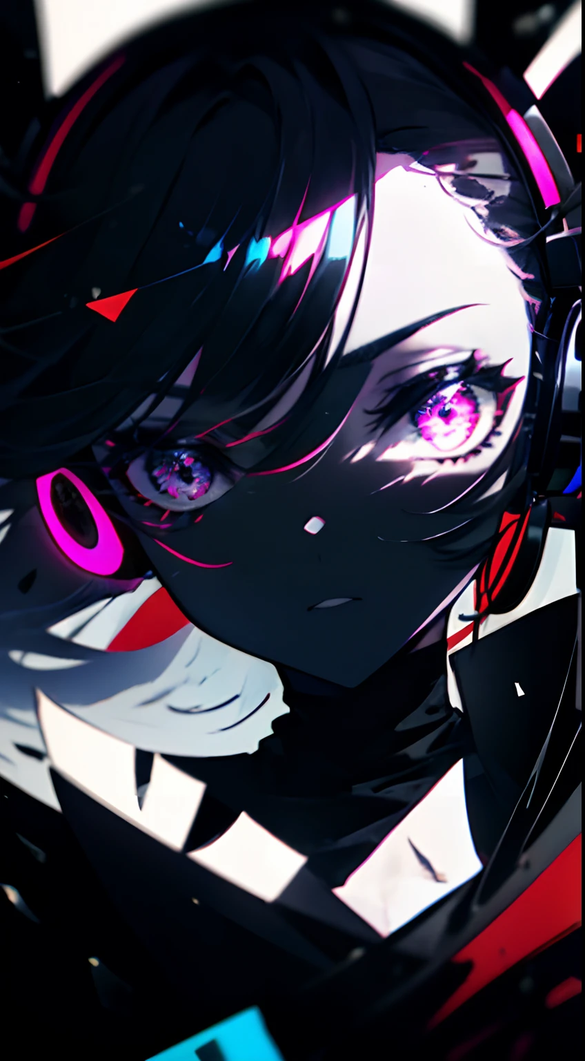 (theme: dark and abstract), 1 girl wearing a head phone, design in her eyes