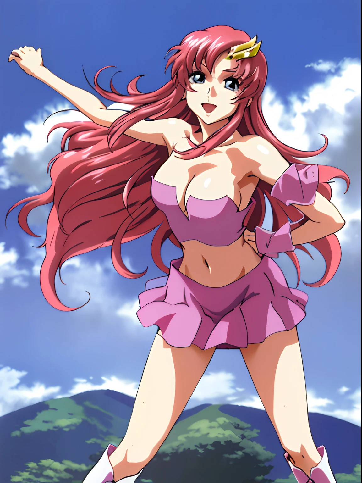 (masterpiece, 4K, Best Quality, Anime style: 1.9, bold drawing lines, High color saturation, Detailed face, tall, Adult Woman, lovely, (cloud background), Drawing lines, high resolution, Anime, lacus4), 1girl in, Solo, curvy figure, Long hair, 鎖骨, scapular, Wavy Hair, Detailed wide hair bangs, Hair Ornament, Detailed reddish-pink hair, cleavage, large hands, (Big blue eyes, shiny eyes), Smile, closed mouth, Very happy, ((closed fists)), (laughing, open mouth), ((medium breasts)), (((shjrt, ))), (pink wrestling long boots), strong arms, biceps, rib lines, ((lean forward)), standing, (hands on hips), happy, bare shoulders, (exposed navel, shiny skin, exposed belly button area, bare hips, armpits, armpit lines, armpit pocket)