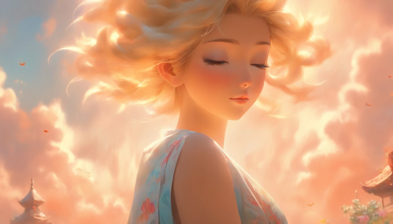 (best quality,4k,8k,highres,masterpiece:1.2),ultra-detailed,(realistic,photorealistic,photo-realistic:1.37),a girl meditating on top of a building,blonde-haired girl,beautiful detailed eyes,beautiful detailed lips,extremely detailed eyes and face,long eyelashes,peaceful and serene expression,meditative pose,elevated view,urban background,evening sky,sunset glow,soft golden light,visualize calm and tranquility,profound inner peace,airy atmosphere,stillness of the surroundings,gentle breeze,distant city lights,reflection of the girl's thoughts and inner self,serene and tranquil ambiance,harmony between nature and urban landscape,contrast between the girl's calmness and the bustling city,blissful serenity in the midst of chaos,medium:oil painting,subtle brushstrokes,hints of impressionism,mix of warm and cool colors,natural colors with a touch of fantasy,subtle shades of blue,pastel colors,gentle purple hues,muted tones,soft highlights and shadows,playful sunlight beams,subtle lens flare,dreamlike quality,ethereal atmosphere,faint wisps of clouds,crisp and clear details,meticulously painted textures,smooth surfaces and reflections,brilliant bright colors,pop of color with vibrant flowers in the environment,harmonious composition,focus on balance and symmetry,assured and deliberate brushwork,artistic representation of serenity and inner peace.
