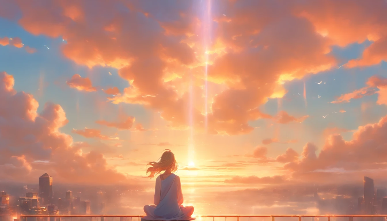 (best quality,4k,8k,highres,masterpiece:1.2),ultra-detailed,(realistic,photorealistic,photo-realistic:1.37),a girl meditating on top of a building,blonde-haired girl,beautiful detailed eyes,beautiful detailed lips,extremely detailed eyes and face,long eyelashes,peaceful and serene expression,meditative pose,elevated view,urban background,evening sky,sunset glow,soft golden light,visualize calm and tranquility,profound inner peace,airy atmosphere,stillness of the surroundings,gentle breeze,distant city lights,reflection of the girl's thoughts and inner self,serene and tranquil ambiance,harmony between nature and urban landscape,contrast between the girl's calmness and the bustling city,blissful serenity in the midst of chaos,medium:oil painting,subtle brushstrokes,hints of impressionism,mix of warm and cool colors,natural colors with a touch of fantasy,subtle shades of blue,pastel colors,gentle purple hues,muted tones,soft highlights and shadows,playful sunlight beams,subtle lens flare,dreamlike quality,ethereal atmosphere,faint wisps of clouds,crisp and clear details,meticulously painted textures,smooth surfaces and reflections,brilliant bright colors,pop of color with vibrant flowers in the environment,harmonious composition,focus on balance and symmetry,assured and deliberate brushwork,artistic representation of serenity and inner peace.