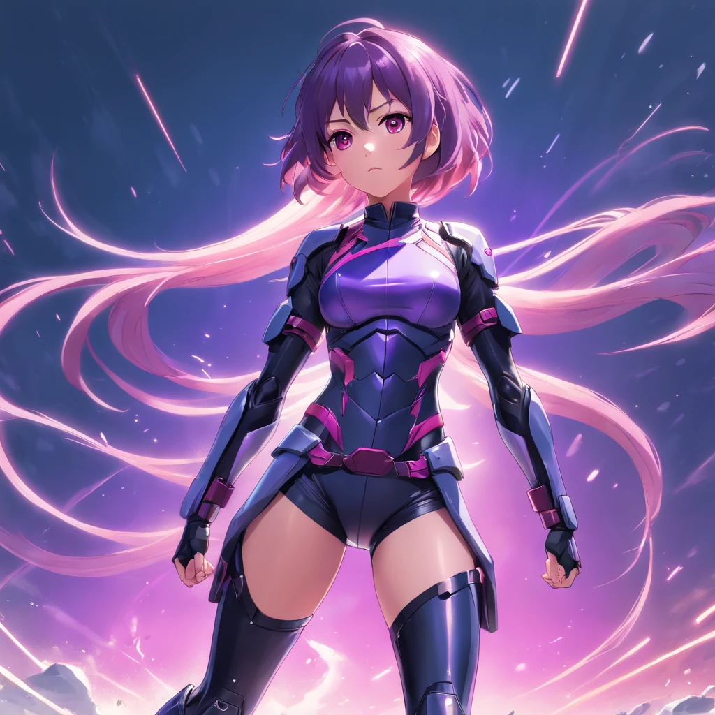 Young woman 25 years old with purple and pink multi-colored mid back length wavy hair wearing a tight sexy futuristic tactical armor with black and pink coloring with knee high black boots Standing in a battle ready striking and powerful stance in front of a complete white background.