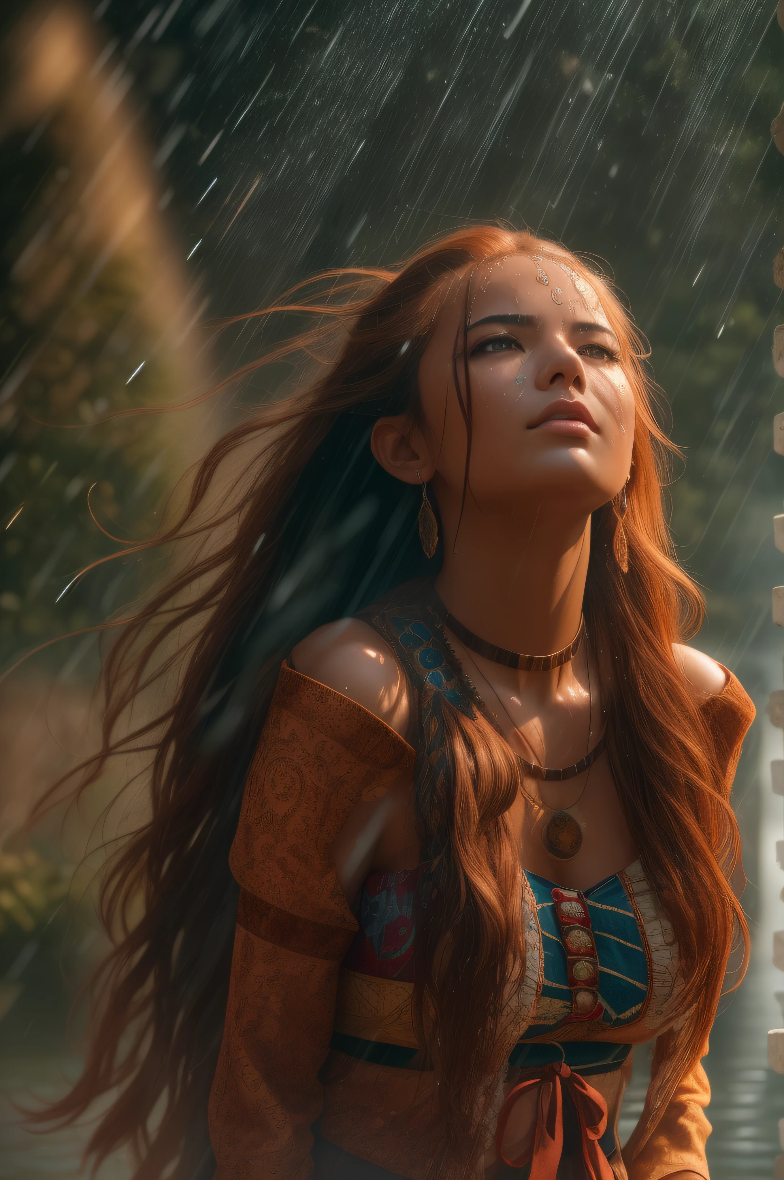 A 19-year-old native beautiful Apache woman with tanned skin and a 20-year-old Apache woman with tanned skin. Both are dressed in traditional sexy Apache attire., her long red hair blowing in the wind as they kiss passional. professional photography, natural lighting, volumetric lighting maximalist photo illustration 8k resolution concept art intricately detailed, complex, elegant, expansive, fantastical, realistic beauty, long red hair, unique eyes, natural beauty, forest, feminine, rain, river bank, sultry beauty, professional portrait, abstract beauty. super detailed photography, Play of light in the sun rain, downpour, ((a drop of water falling from a height onto the surface of the water)), splashes, luminism, intricate, 4k concept art volumetric light, unrealistic engine, global illumination, detailed environment.
