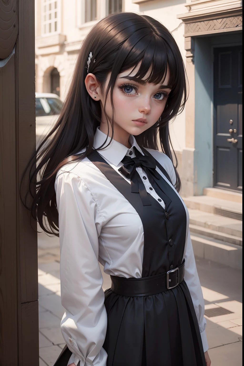 Arya, 1girl, solamente, Cabello largo, ojos azules, Ahoge, arco, Mirando al espectador, red bow, chaqueta, bowtie, mangas largas, senos, camisa, Chaqueta abierta, red bowtie, Thrudr, Disparo de vaquero, Camisa con cuello, dentro, Uniforme escolar, cana, En pie, Ropa abierta, falda, flequillo, vestido, chaqueta gris, vestido negro, sonrojarse, falda plisada, labios separados, senos medianos, vestido plisado, Camisa blanca, pelo entre los ojos, chaqueta blanca, Levantar la mano, chaqueta, falda negra, Muslos, Abrir por, pasillo