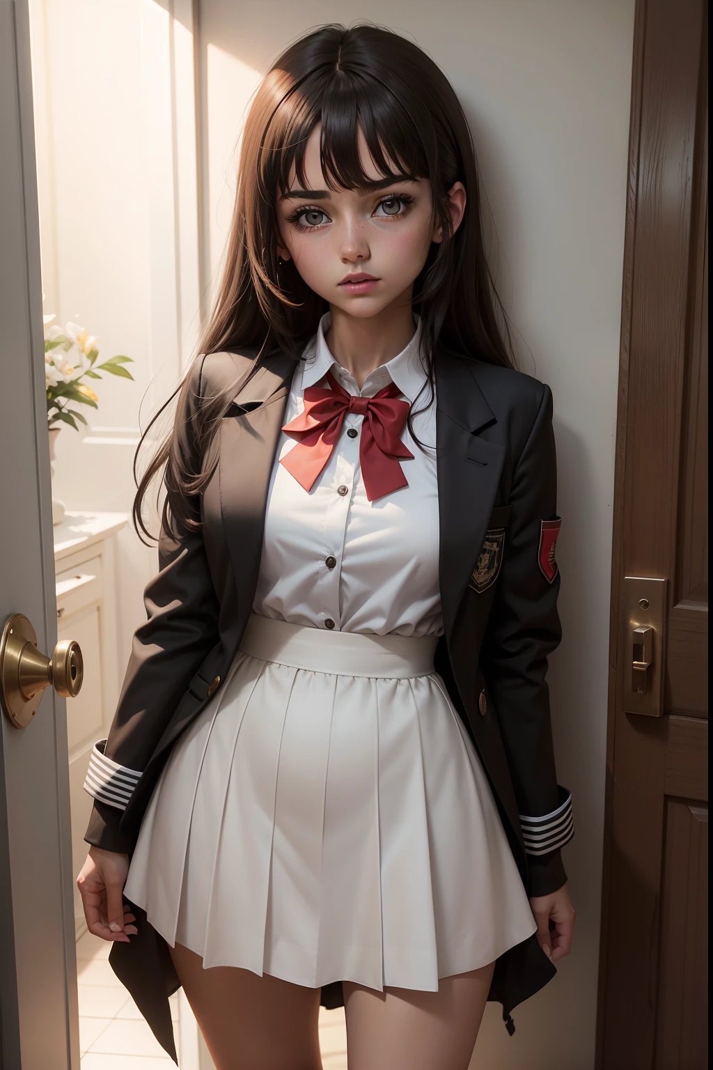 Arya, 1girl, solamente, Cabello largo, ojos azules, Ahoge, arco, Mirando al espectador, red bow, chaqueta, bowtie, mangas largas, senos, camisa, Chaqueta abierta, red bowtie, Thrudr, Disparo de vaquero, Camisa con cuello, dentro, Uniforme escolar, cana, En pie, Ropa abierta, falda, flequillo, vestido, chaqueta gris, vestido negro, sonrojarse, falda plisada, labios separados, senos medianos, vestido plisado, Camisa blanca, pelo entre los ojos, chaqueta blanca, Levantar la mano, chaqueta, falda negra, Muslos, Abrir por, pasillo