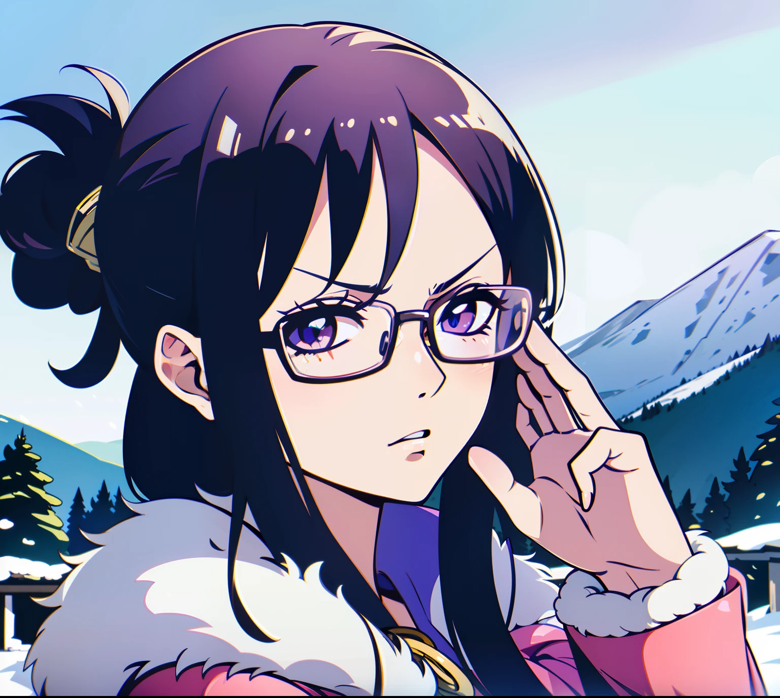 (obra prima, alta qualidade, arte perfeita), ((Tashigi)), glasses on top of the eyes in the hair, cabelo longo, cabelo preso, cabelo rabo de cavalo, boca fechada, olhando pro telespectador, serious look, seios, rosto feminino fofo, little expression of anger, cabelo nos olhos, eyes through hair, (roupa rosa, roupa de frio), (detailed cenary, neve, Objetos de parque, parque com neve, Gorgeous scenery, volumetric lit),