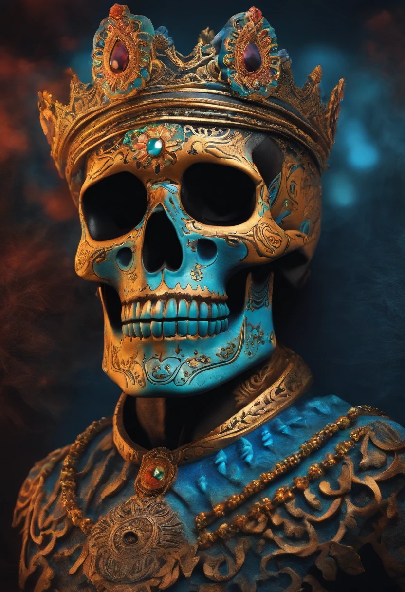 brightly colored skull with a blue tie dye background, ( ( god king of ai art ) ), aztec skull, sacred skull, glowing aztec tattoos, day of all the dead, el dia los muertos!, dia de los muertos. 8 k, el dia los muertos, god king of ai art, calavera, dia de los muertos