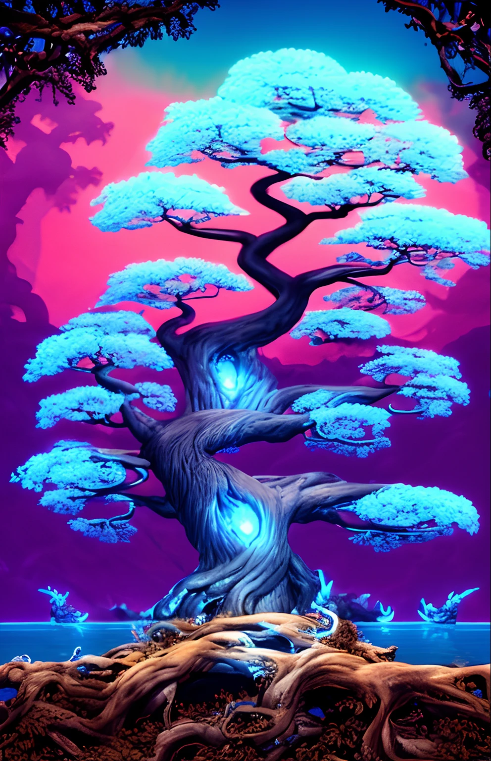 There is a large tree that is standing in the water, baobab tree, baobab tree, beautiful ancient trees, a tall tree, breath-taking beautiful trees, breath, impressionante, magia da natureza, - Removal of beautiful trees, cores vibrantes, with a tall tree, Beautiful tree, psychedelic colours, alto detalhes da folha, beleza surreal, ultra detalhada, huge ancient trees, a beautiful tree, ancient tree, trees growing on your body, Arquitetura arborescente, weird alien trees, Cognome