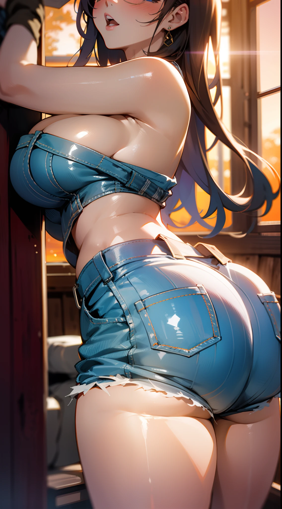 Sexy young farmer girl with large breasts popping out of her tied up plaid shirt, bending over in tight denim shorts barely covering her huge round ass cheeks as she milks a cow in a red barn, portrait photo with dramatic warm sunset backlighting, depth of field aesthetic