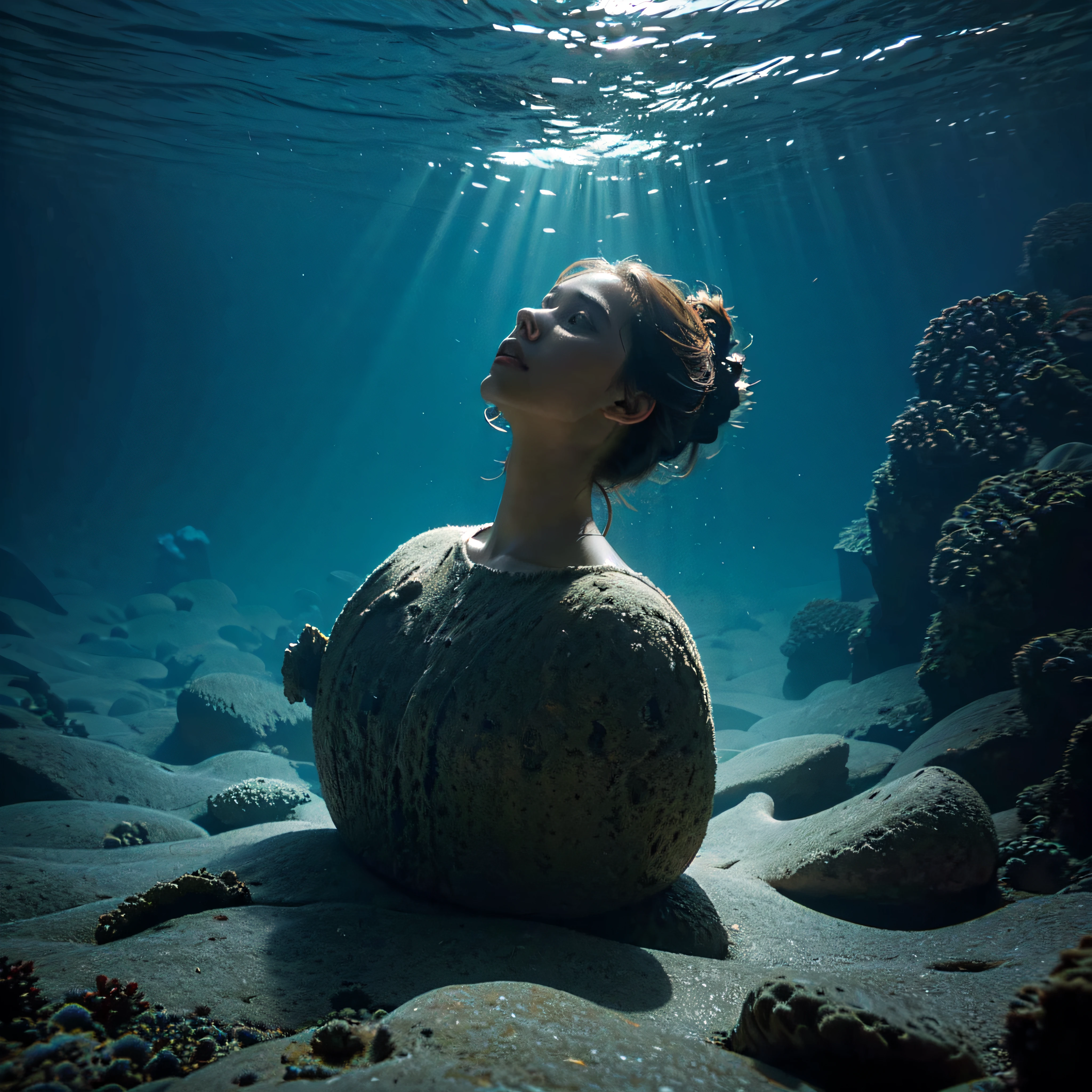 (extremadamente detallado, obra maestra, La mejor calidad, Under the Ocean), Estilo oscuro, volumetric illumination. textura de babosa, piel de caracol. ahogados flotando de fondo. Rococo composition.