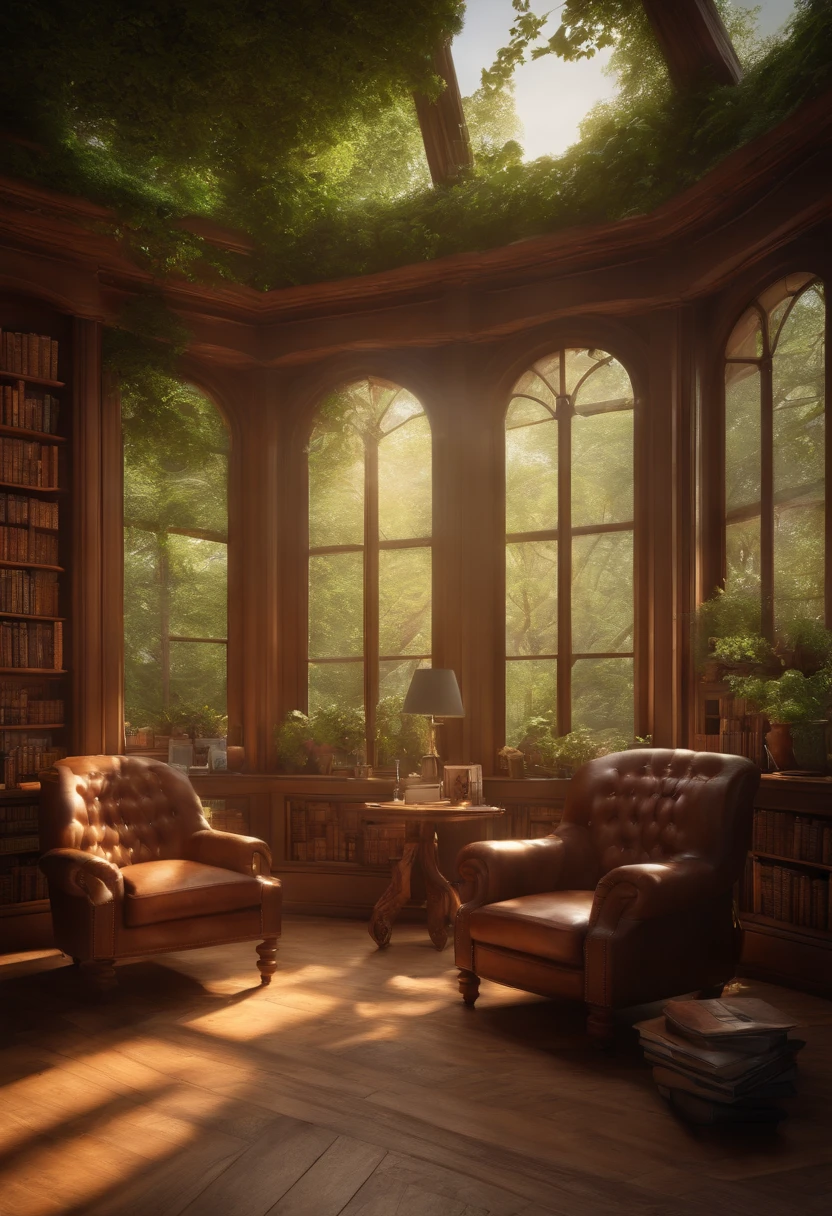 best quality,highres,4k,ultra-detailed,realistic,portrait,nature-inspired,wooden texture,books,reading,serene environment,greenery,peaceful atmosphere,soft lighting,cozy corner,bookshelves filled with various genres,comfortable armchair,gentle sunlight filtering through the window,bookmarks,library ambience,tranquil setting,thoughtful minds,enchanted escape,warm colors,relaxing vibes,crisp pages,quiet whispers,inspiration flowing,bookworm's paradise,unwind and immerse,page-turning magic,mindful reflections,hidden treasures,favorite novels,woodland charm,storytelling sanctuary,whispers of adventure,imaginations taking flight,literary haven
