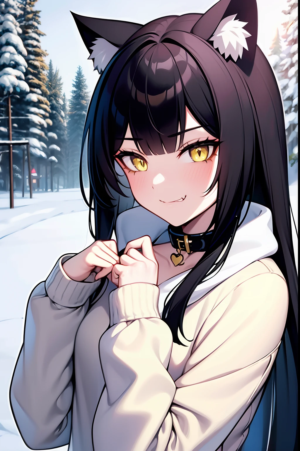wallpapers, 4K, anime style, masterpiece, 1girl,cat ears, cat tail,side bang, long bob, middle haircut, black hair,yellow pupils,yellow eyes, catgirl, neko,b cup, smirk, badass, snow, forest, snowy forest behind, looking at viewer, collar, warm clothes, happy