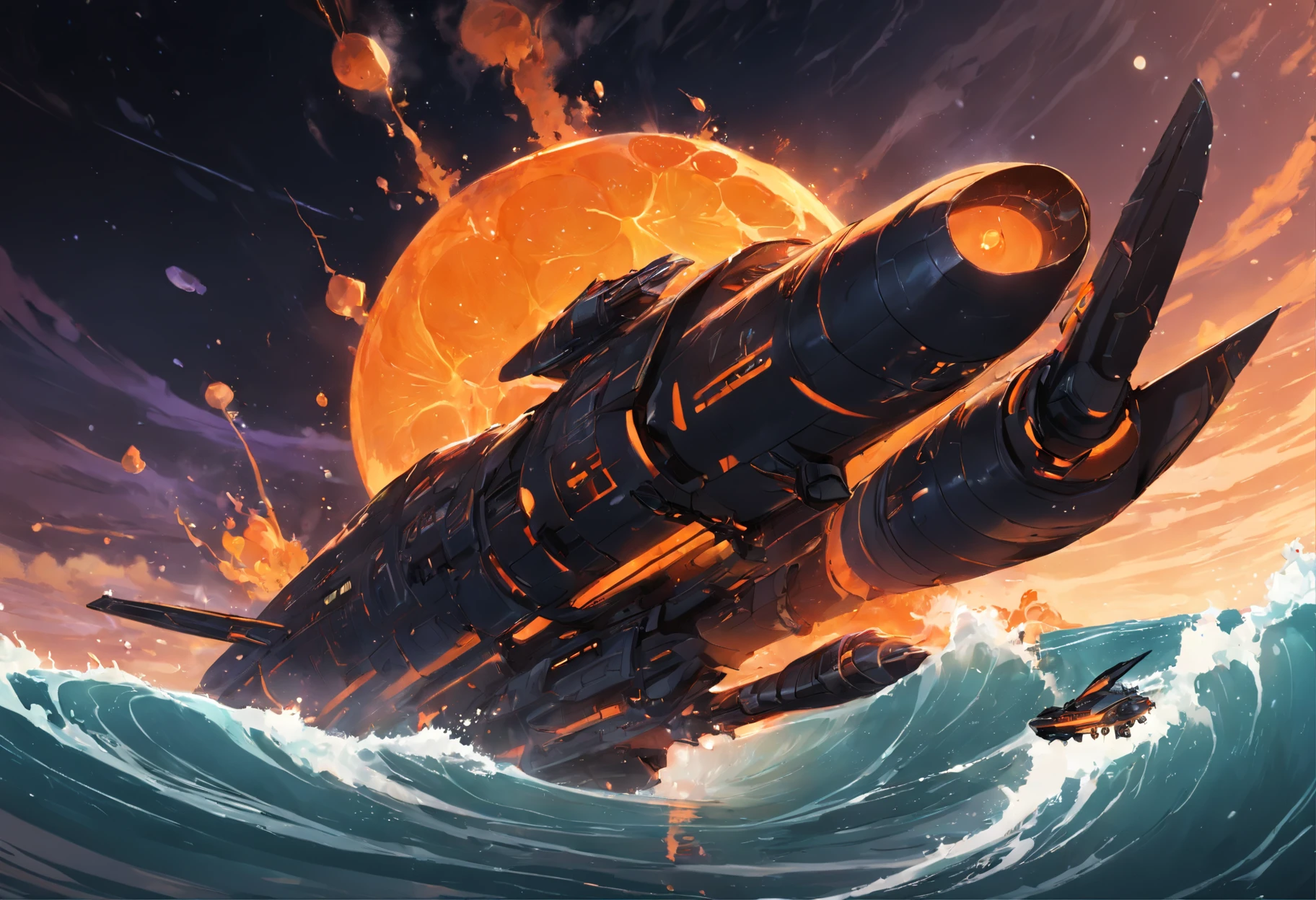 a crashing smoking orange black spaceship on another planet in the water near a bar tavern in a sunset
