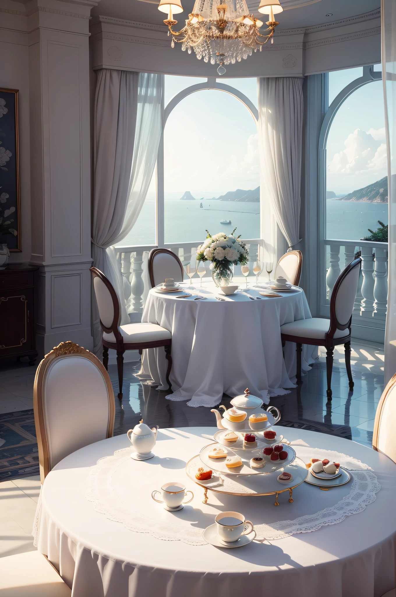 White is the key.、High ceiling、Large floor、a lot of fruit、Marble table、white chair、Lace curtains、Refreshing、with light glowing、afternoon tea、fruits、bluebird、huge window、Hotel lobby with sea view、unmanned、Photo quality、some shortcake、